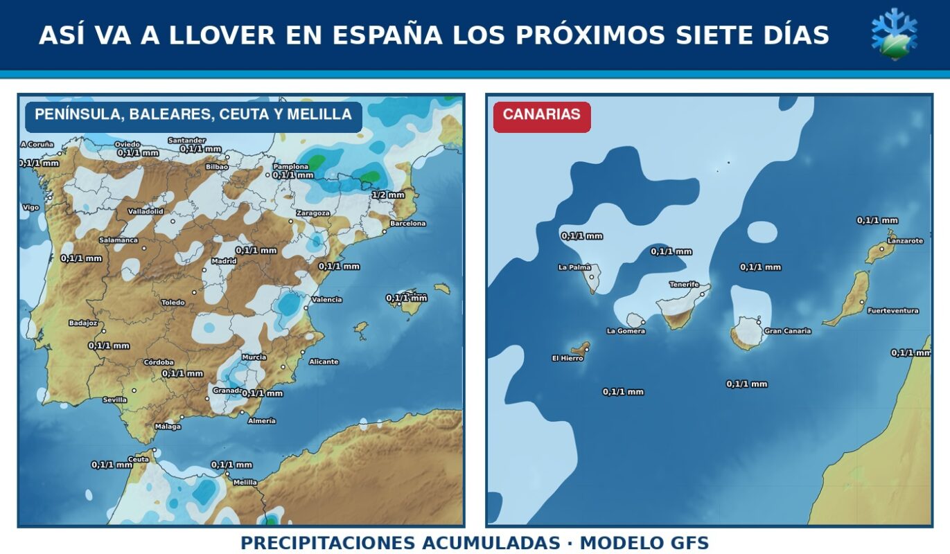 Portada del pronóstico de precipitaciones en España para los próximos siete días con el modelo GFS