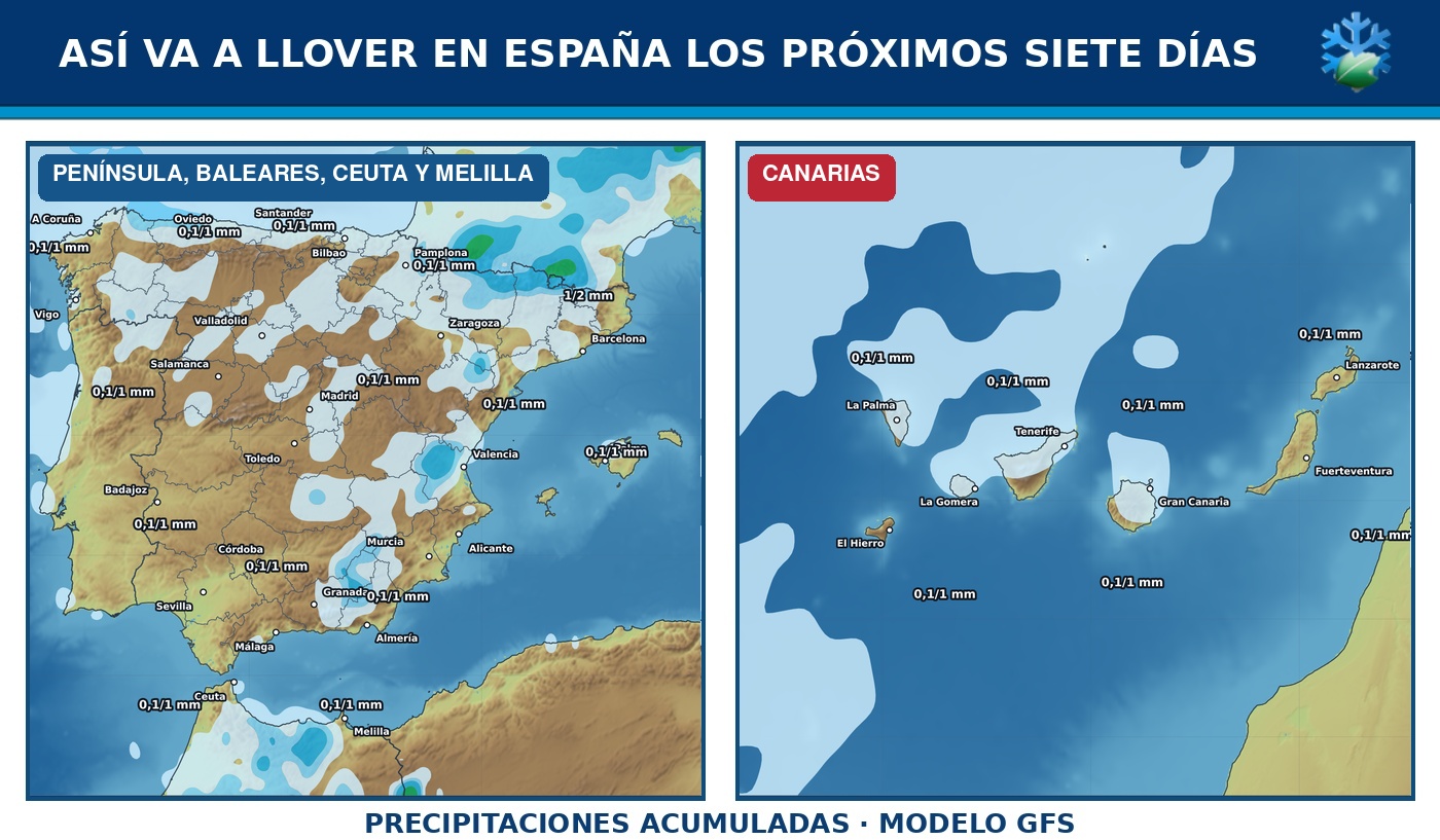 Portada del pronóstico de precipitaciones en España para los próximos siete días con el modelo GFS