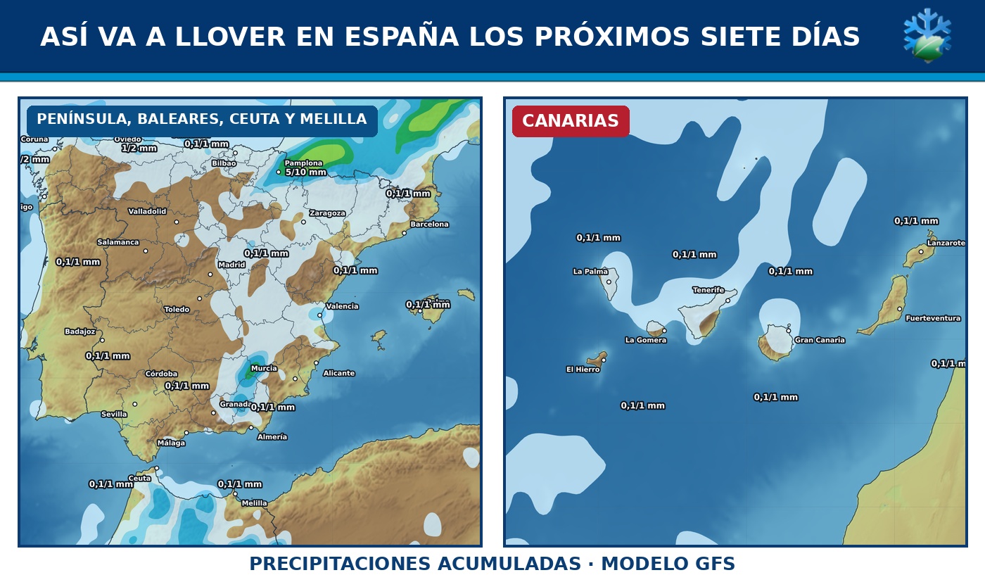 Portada del pronóstico de lluvias en España para los próximos siete días con el modelo GFS