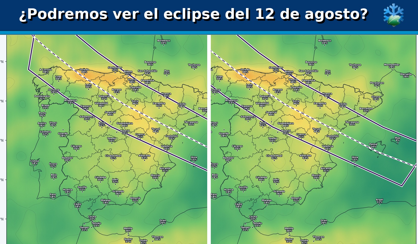 Portada del pronóstico de nubosidad para observar el eclipse total de Sol del 12 de agosto de 2026 en España