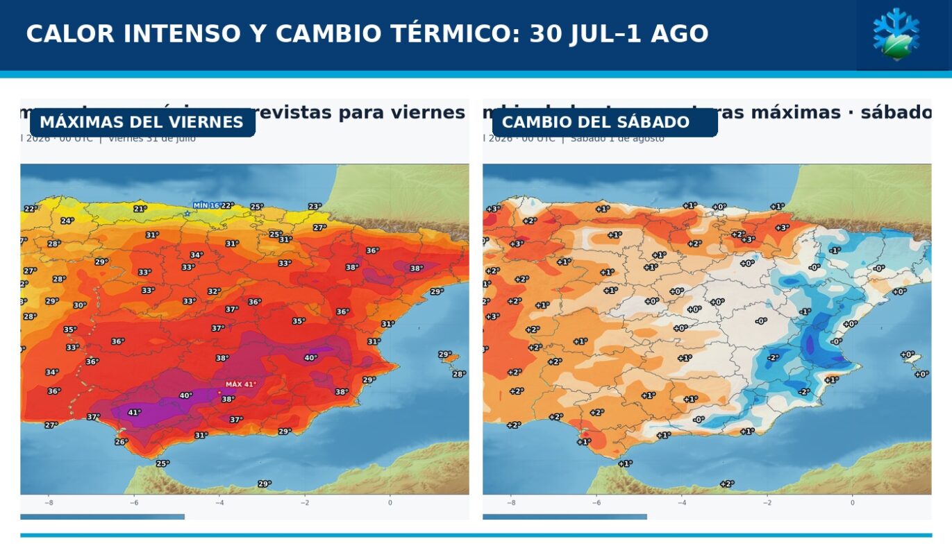 Pronóstico de temperaturas, cambios y anomalías en España del 30 de julio al 1 de agosto