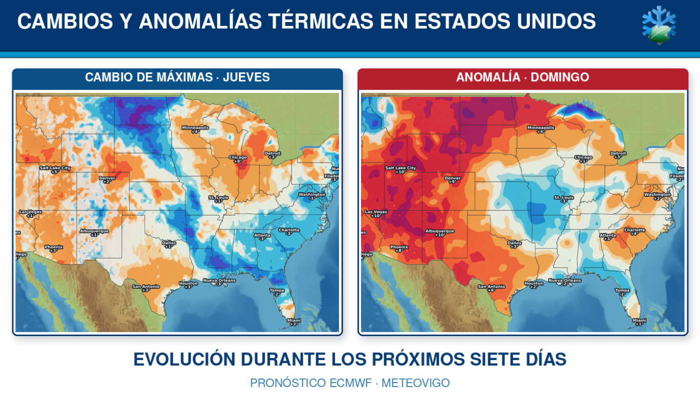 Portada del pronóstico de cambios y anomalías térmicas en Estados Unidos durante los próximos siete días