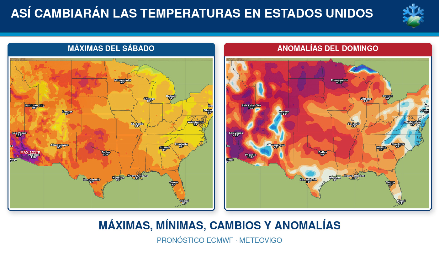 Cambios, máximas, mínimas y anomalías térmicas en Estados Unidos durante tres días
