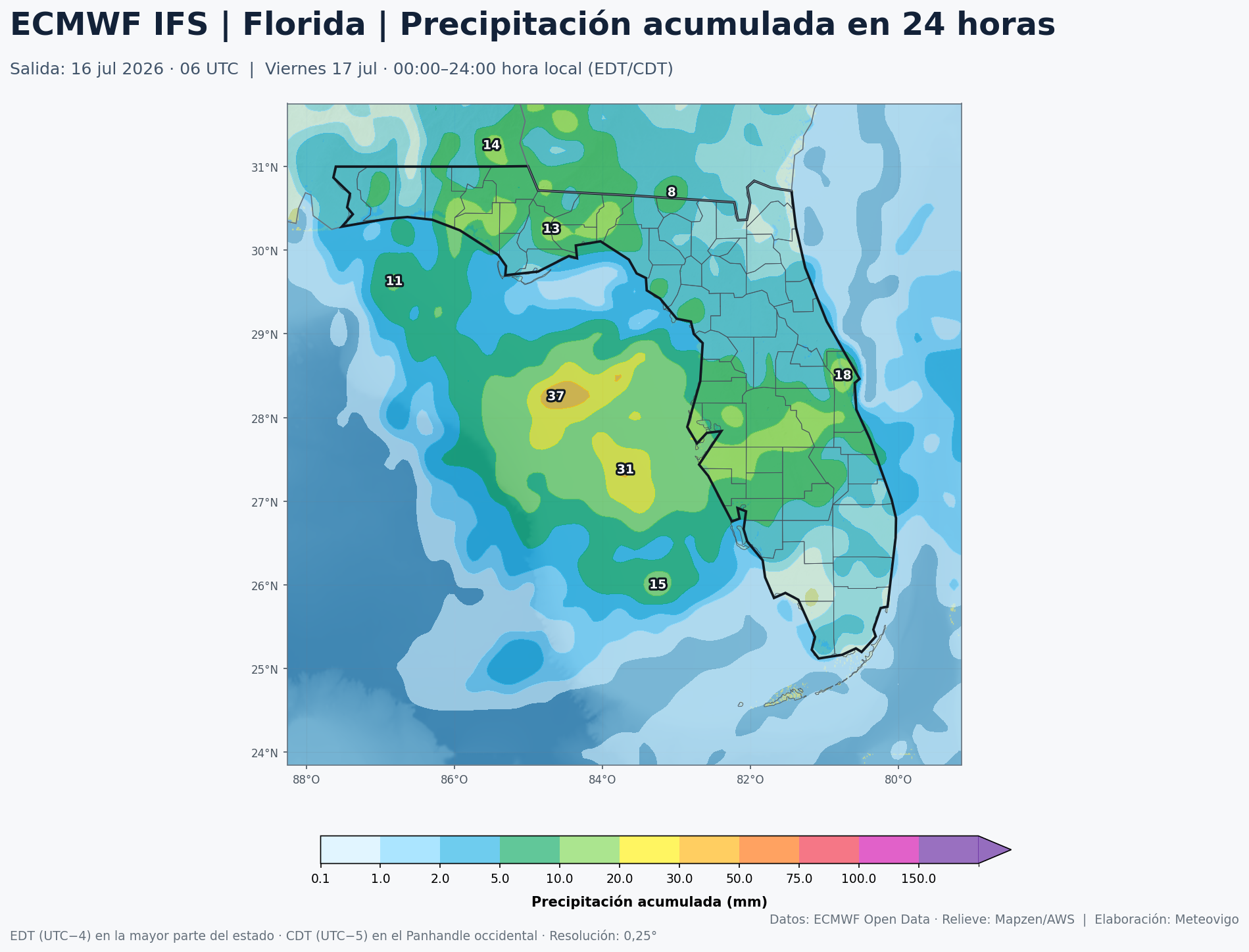 Precipitación acumulada prevista por el modelo ECMWF en Florida para el viernes 17 de julio de 2026