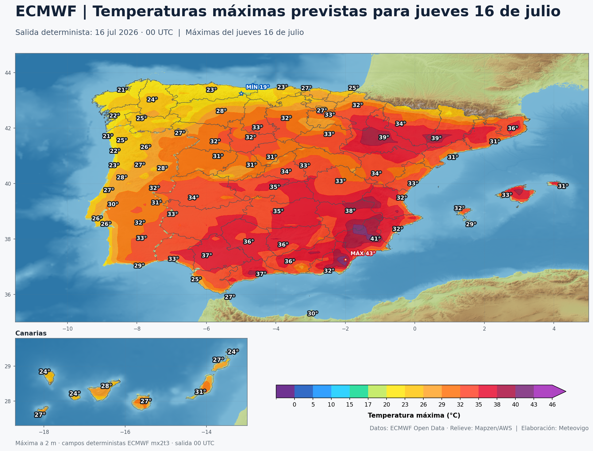 Temperaturas máximas previstas por el ECMWF para el jueves 16 de julio