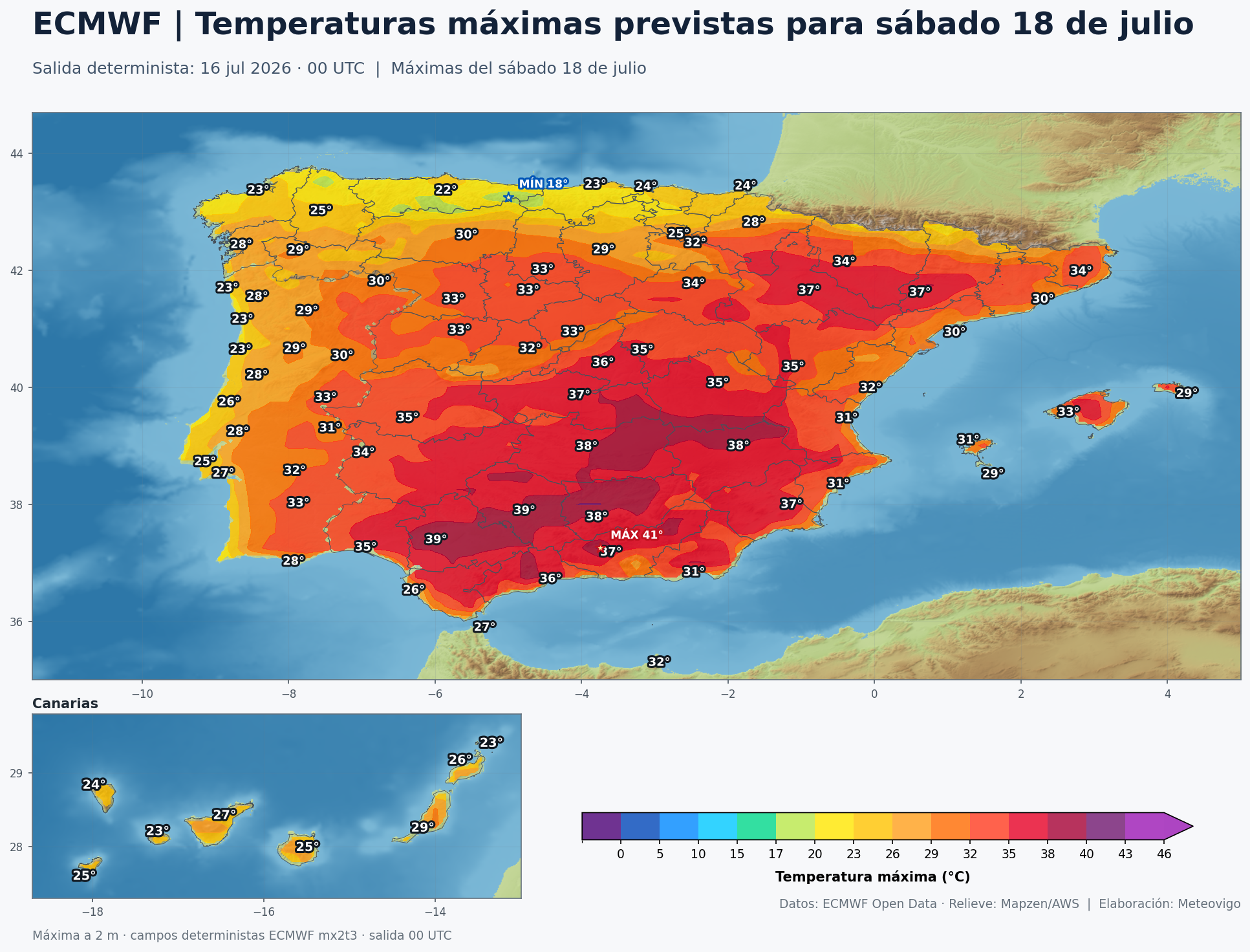 Temperaturas máximas previstas por el ECMWF para el sábado 18 de julio