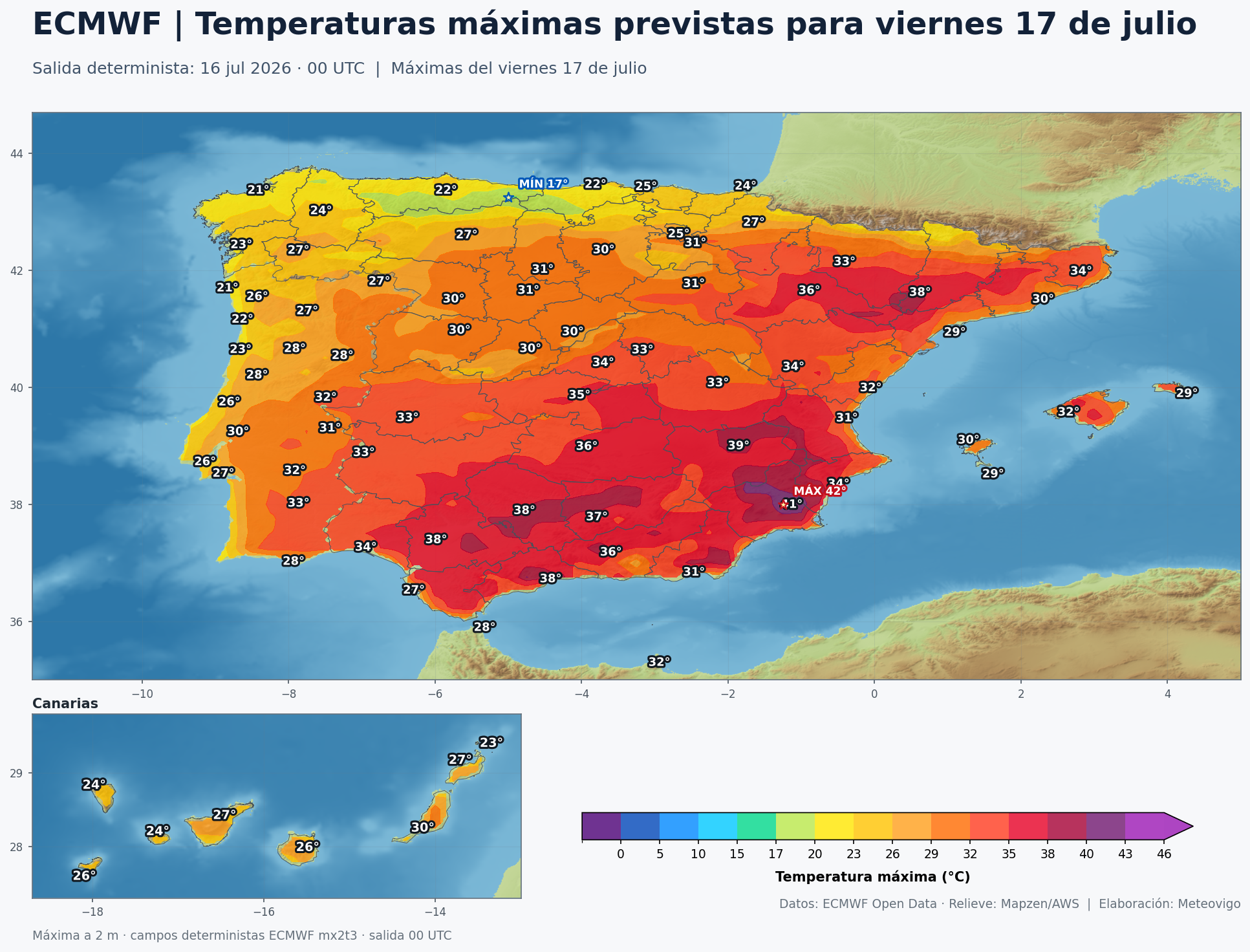 Temperaturas máximas previstas por el ECMWF para el viernes 17 de julio