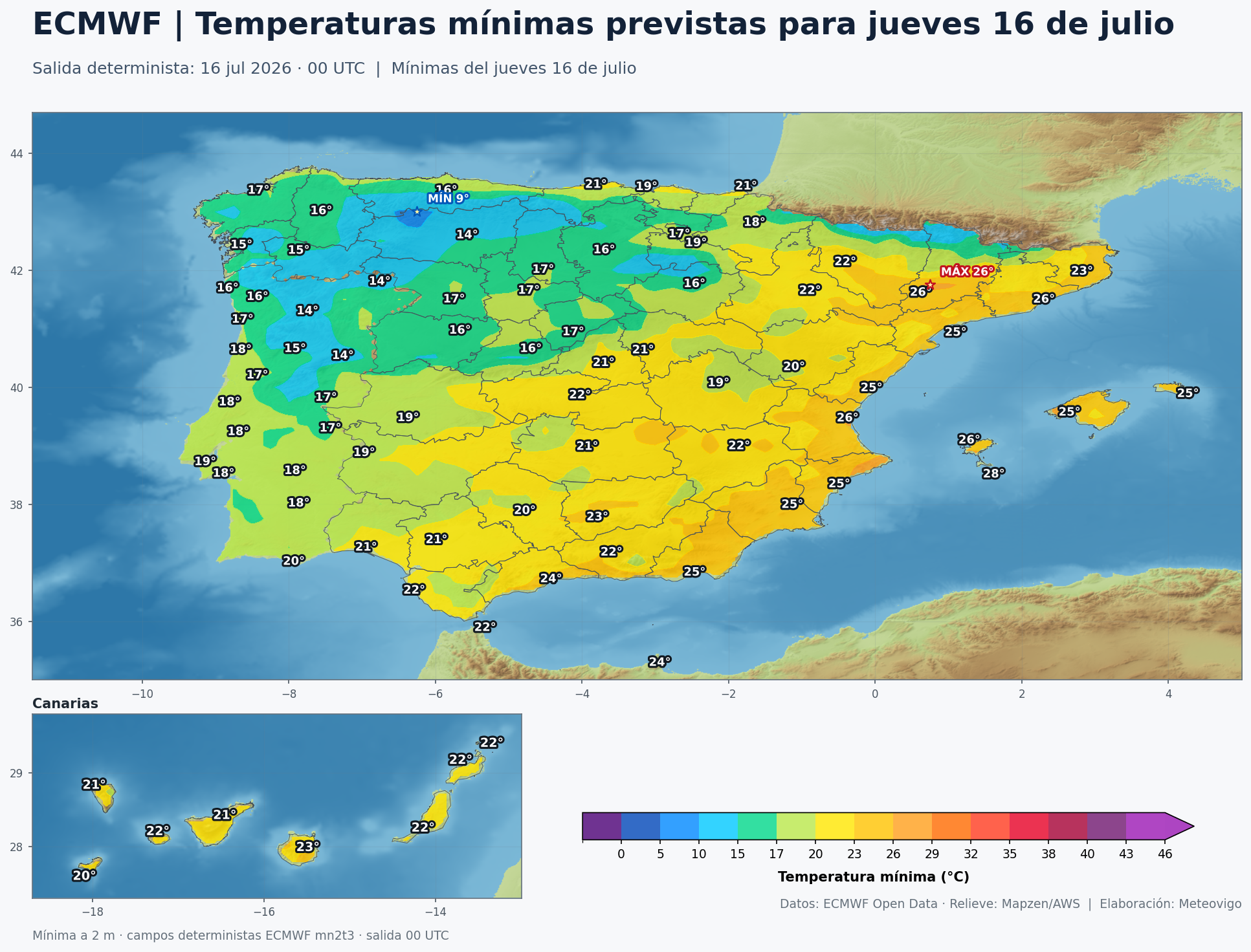 Temperaturas mínimas previstas por el ECMWF para el jueves 16 de julio