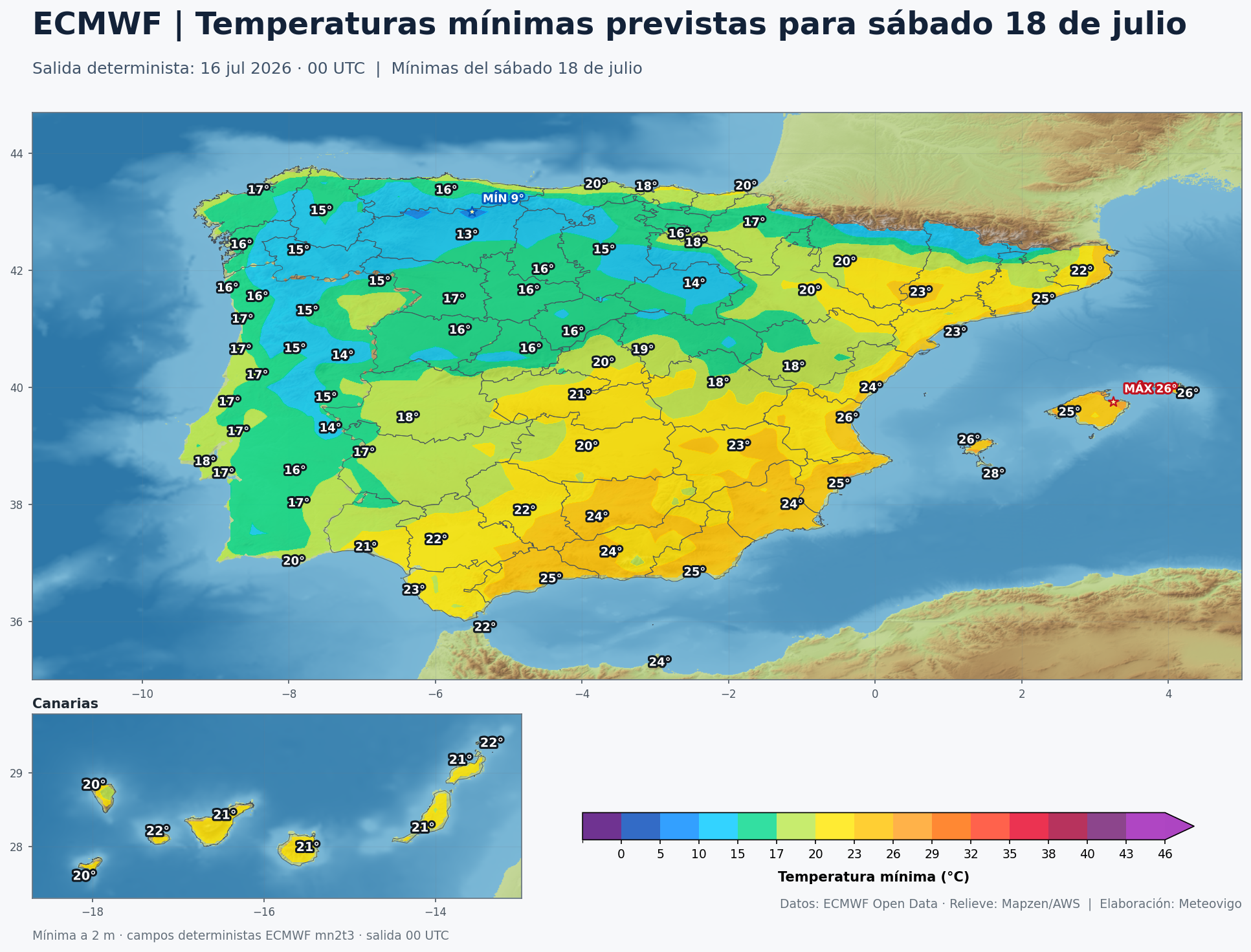 Temperaturas mínimas previstas por el ECMWF para el sábado 18 de julio