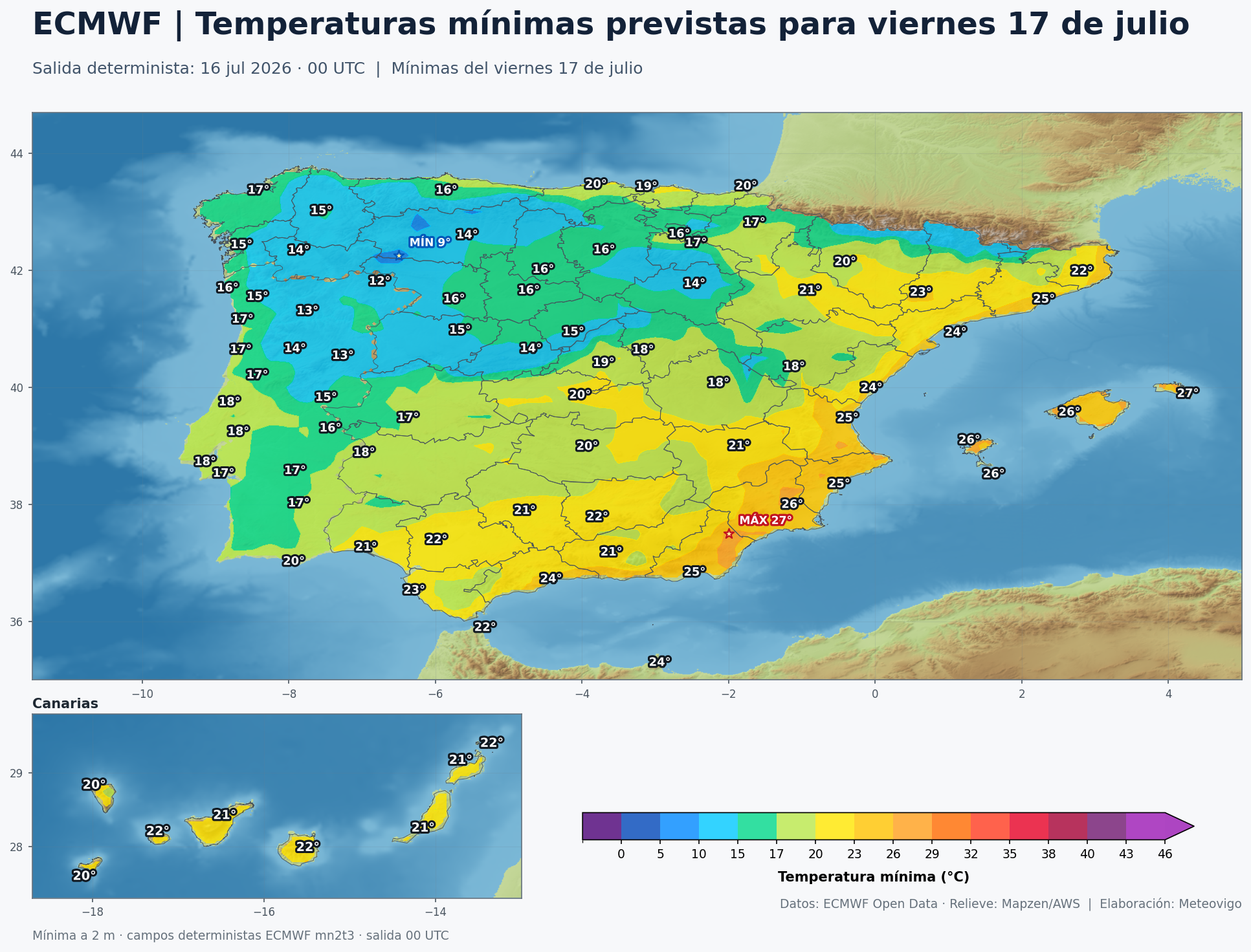 Temperaturas mínimas previstas por el ECMWF para el viernes 17 de julio