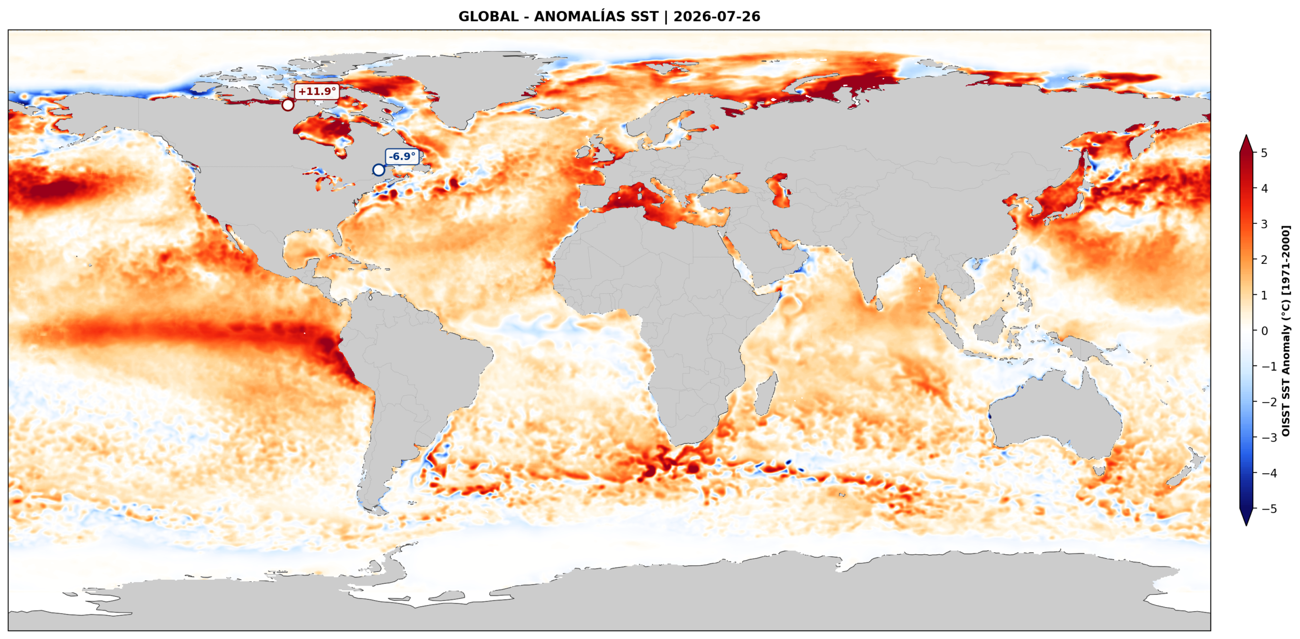 Mapa de anomal&iacute;as t&eacute;rmicas oce&aacute;nicas mundial