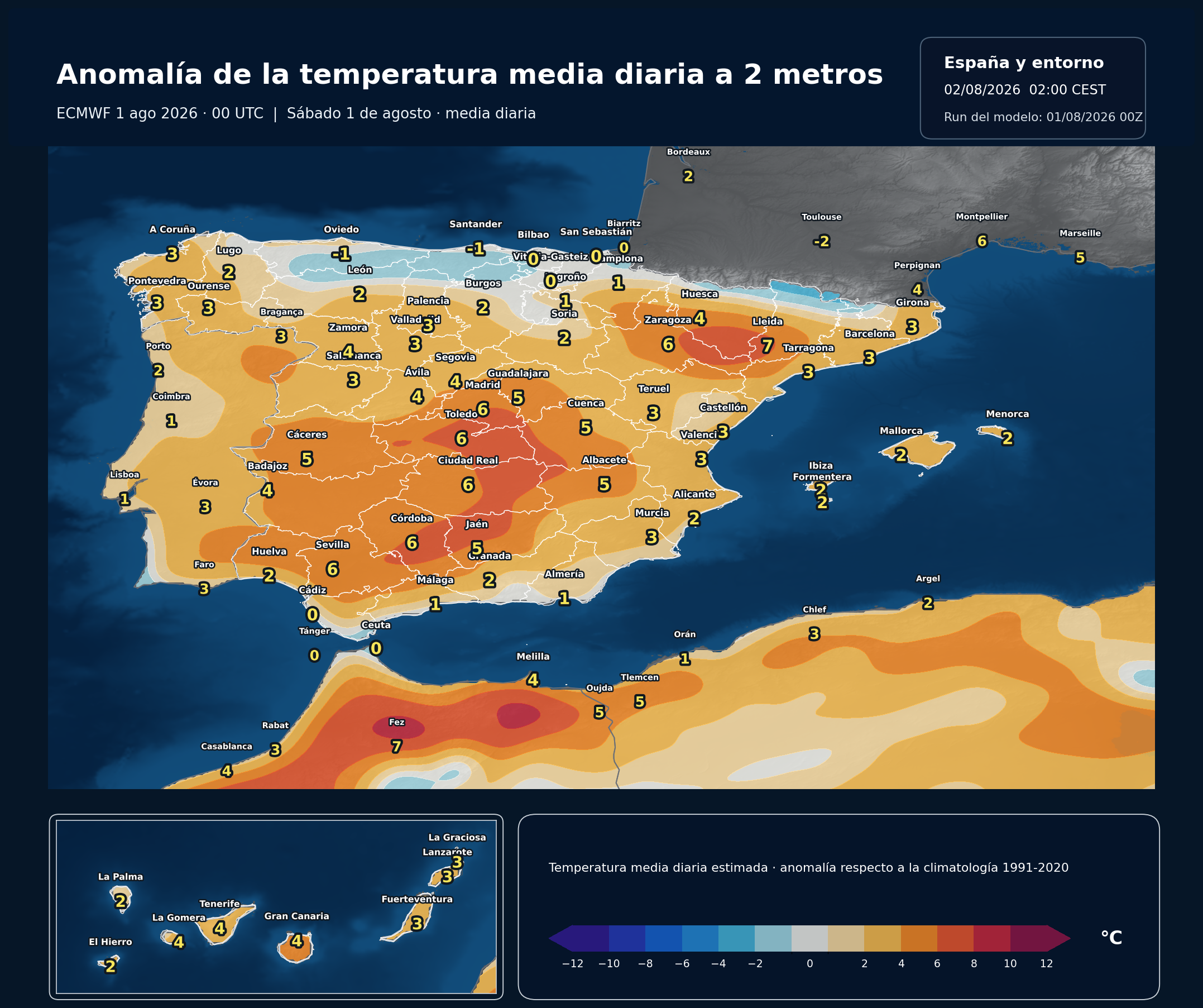 Anomalía térmica prevista en España para el sábado 1 de agosto de 2026