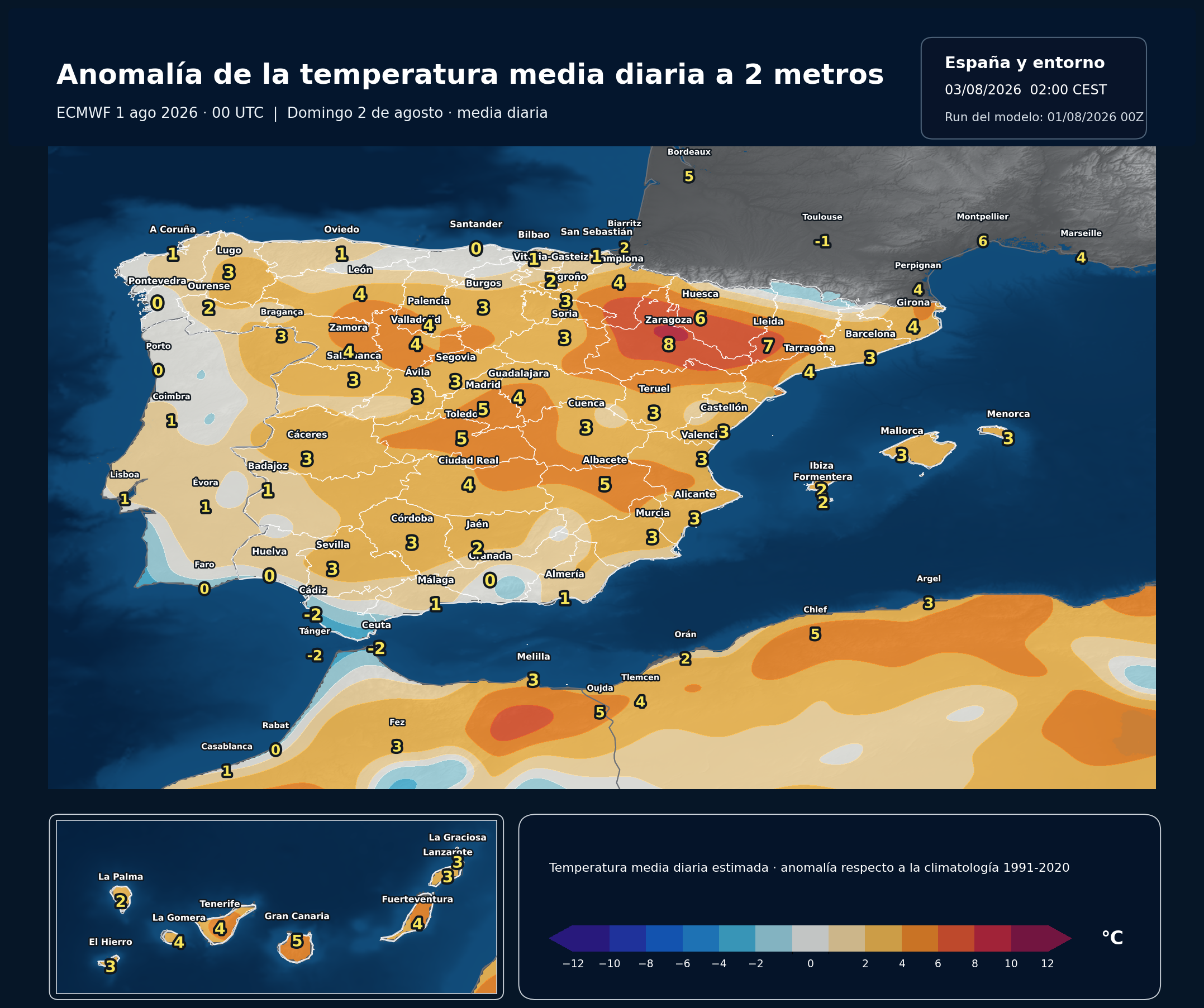Anomalía térmica prevista en España para el domingo 2 de agosto de 2026