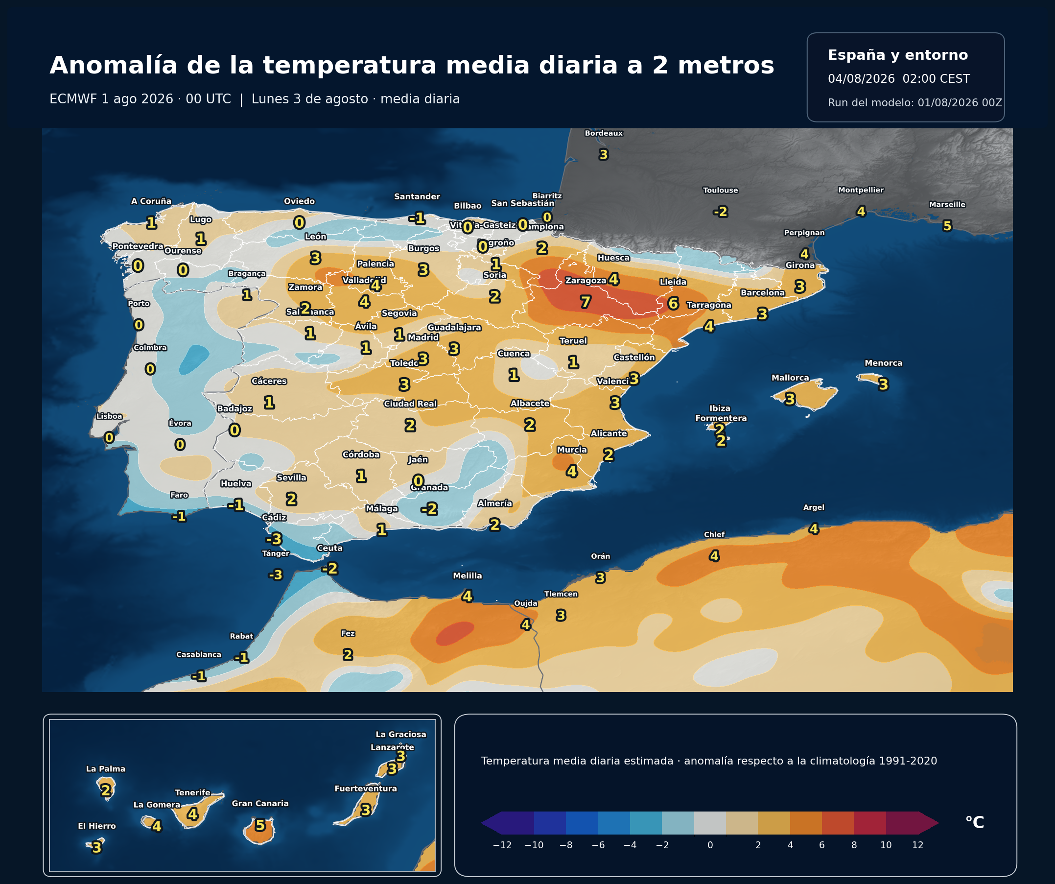 Anomalía térmica prevista en España para el lunes 3 de agosto de 2026