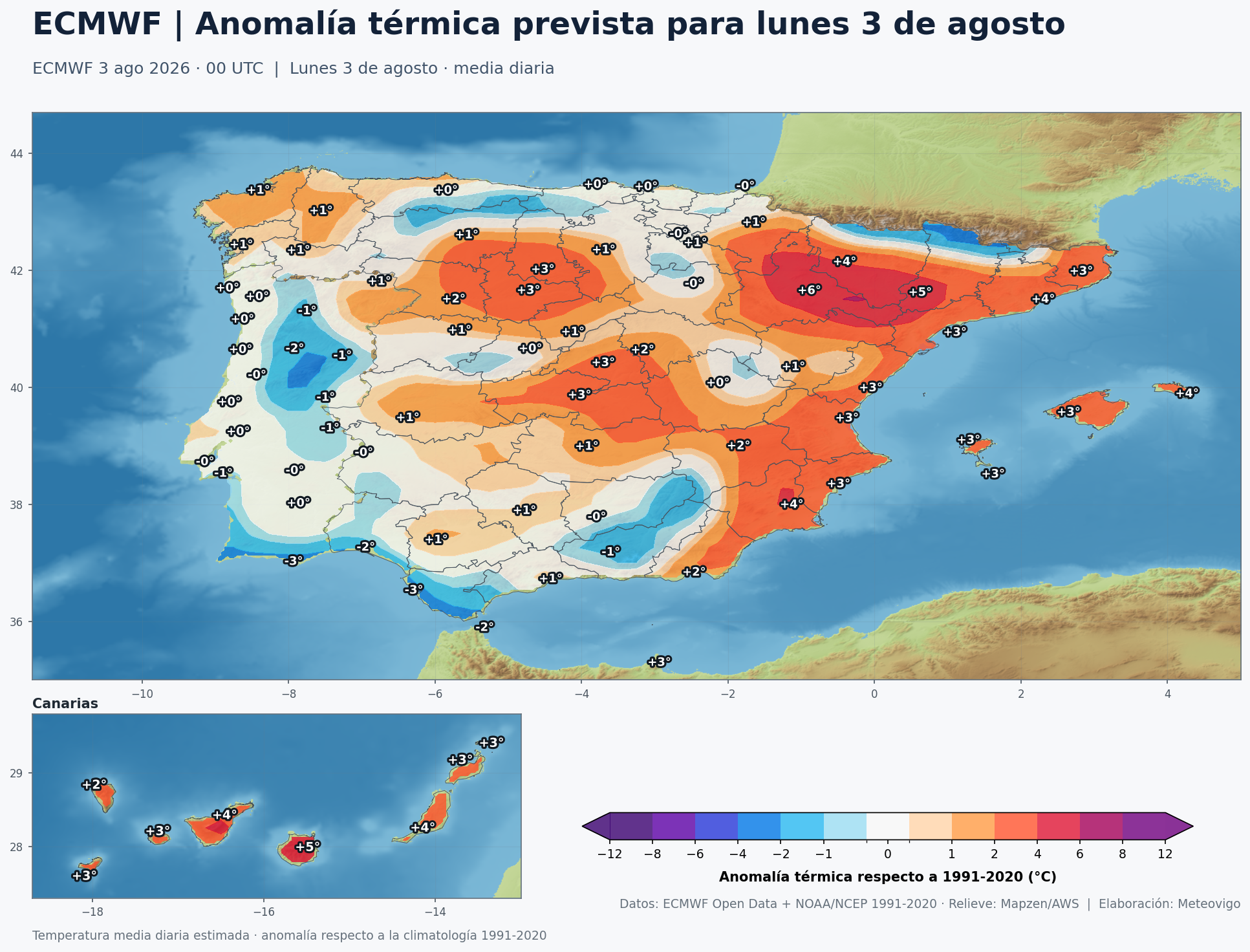 Anomalía térmica prevista en España para el lunes 3 de agosto de 2026