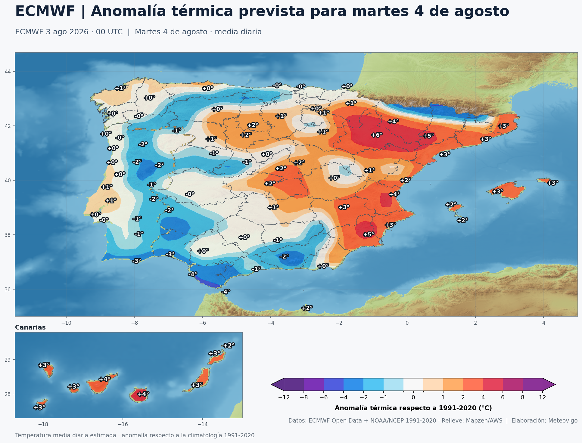 Anomalía térmica prevista en España para el martes 4 de agosto de 2026