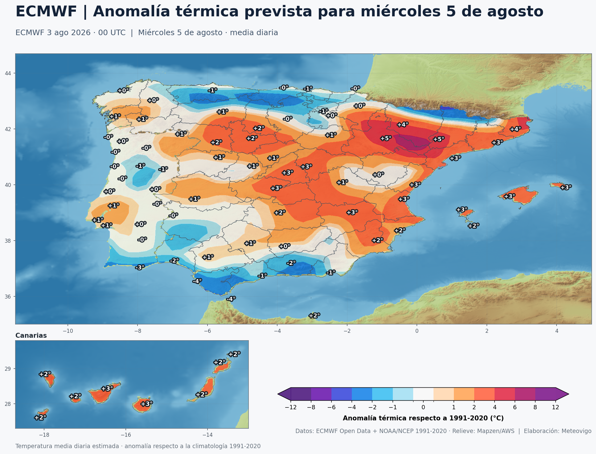 Anomalía térmica prevista en España para el miércoles 5 de agosto de 2026