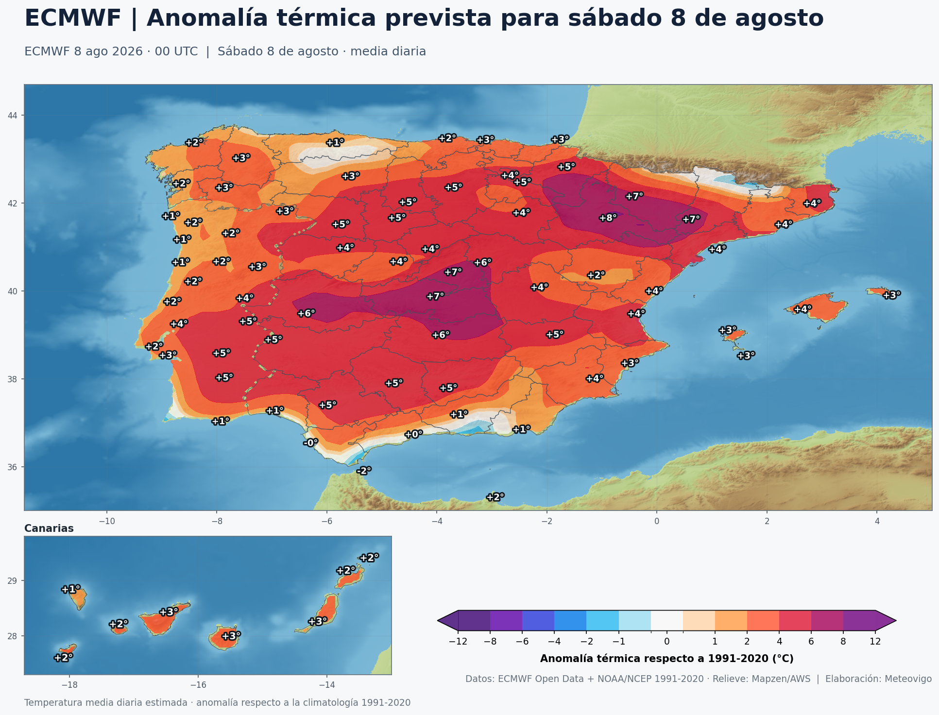 Anomalías térmicas previstas en España para el sábado 8 de agosto según el modelo europeo