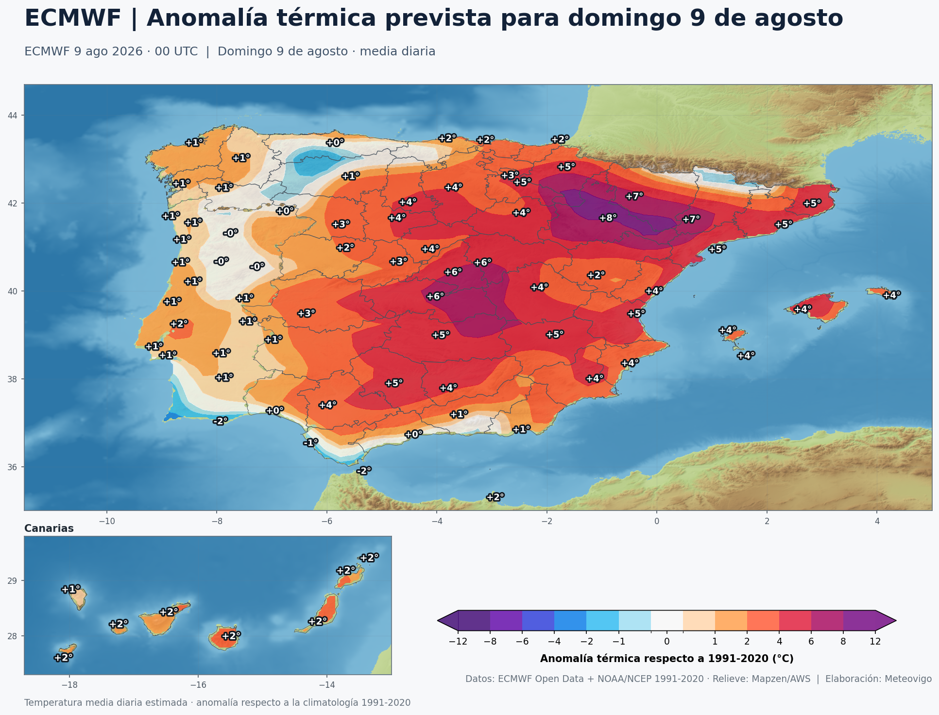 Anomalías térmicas previstas en España para el domingo 9 de agosto según el modelo europeo