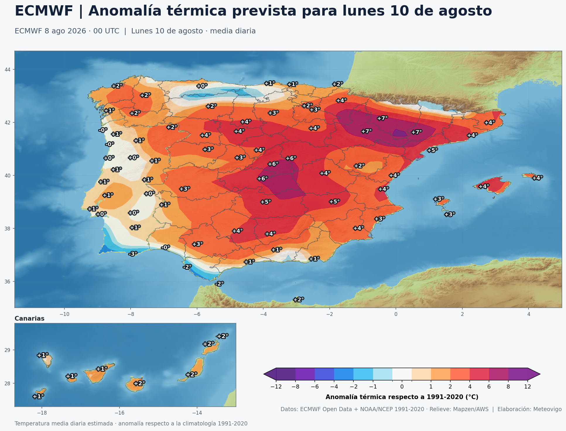 Anomalías térmicas previstas en España para el lunes 10 de agosto según el modelo europeo