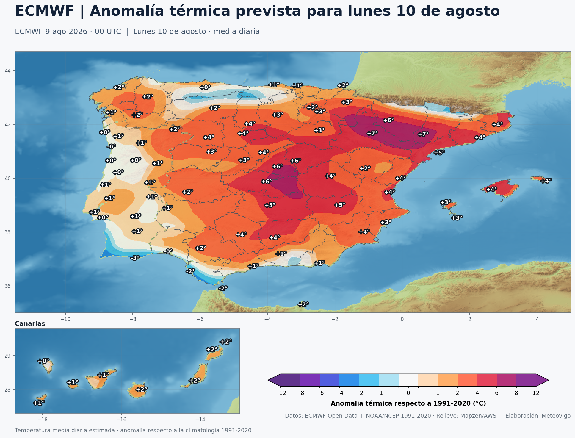 Anomalías térmicas previstas en España para el lunes 10 de agosto según el modelo europeo