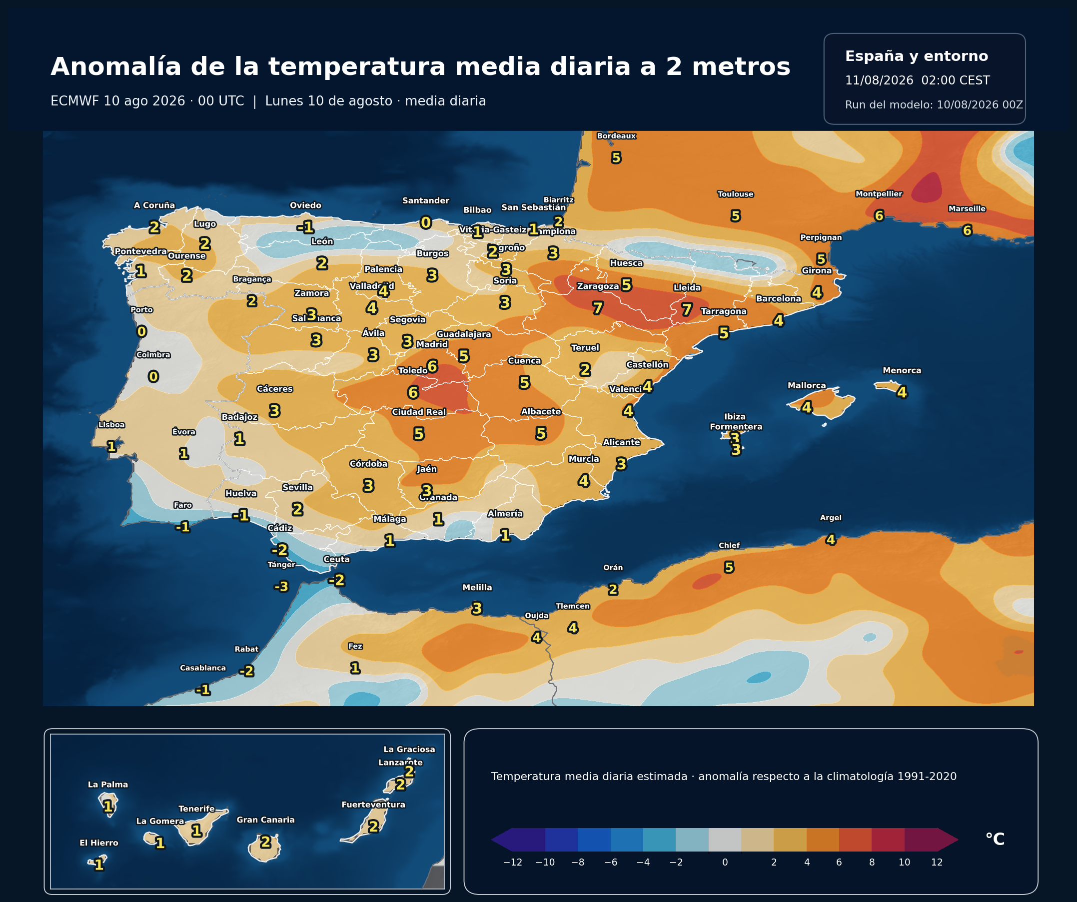 Anomal&iacute;as t&eacute;rmicas previstas en Espa&ntilde;a para el lunes 10 de agosto seg&uacute;n el modelo europeo