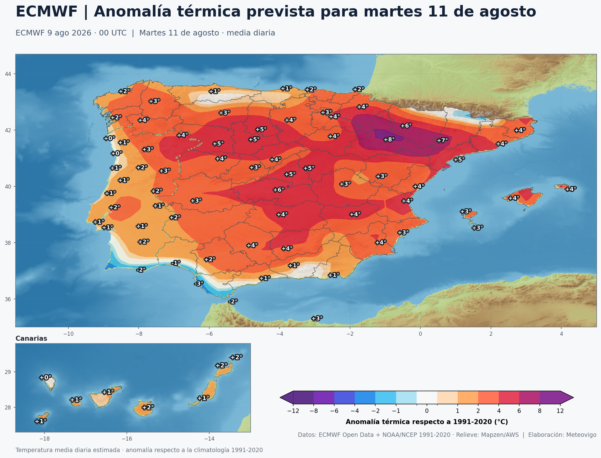 Anomalías térmicas previstas en España para el martes 11 de agosto según el modelo europeo