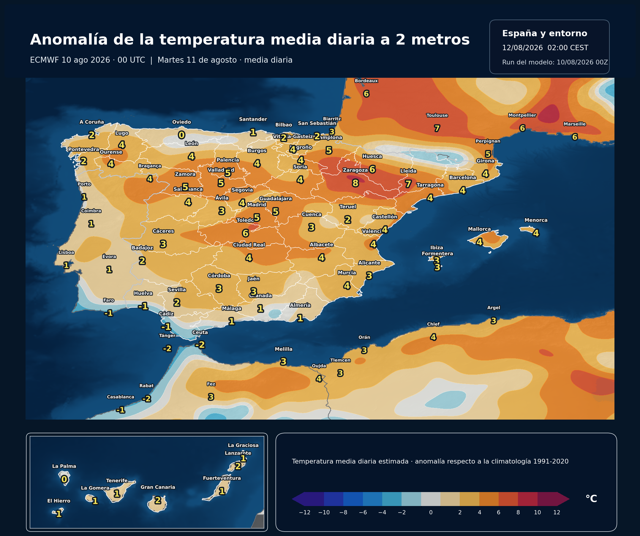 Anomal&iacute;as t&eacute;rmicas previstas en Espa&ntilde;a para el martes 11 de agosto seg&uacute;n el modelo europeo