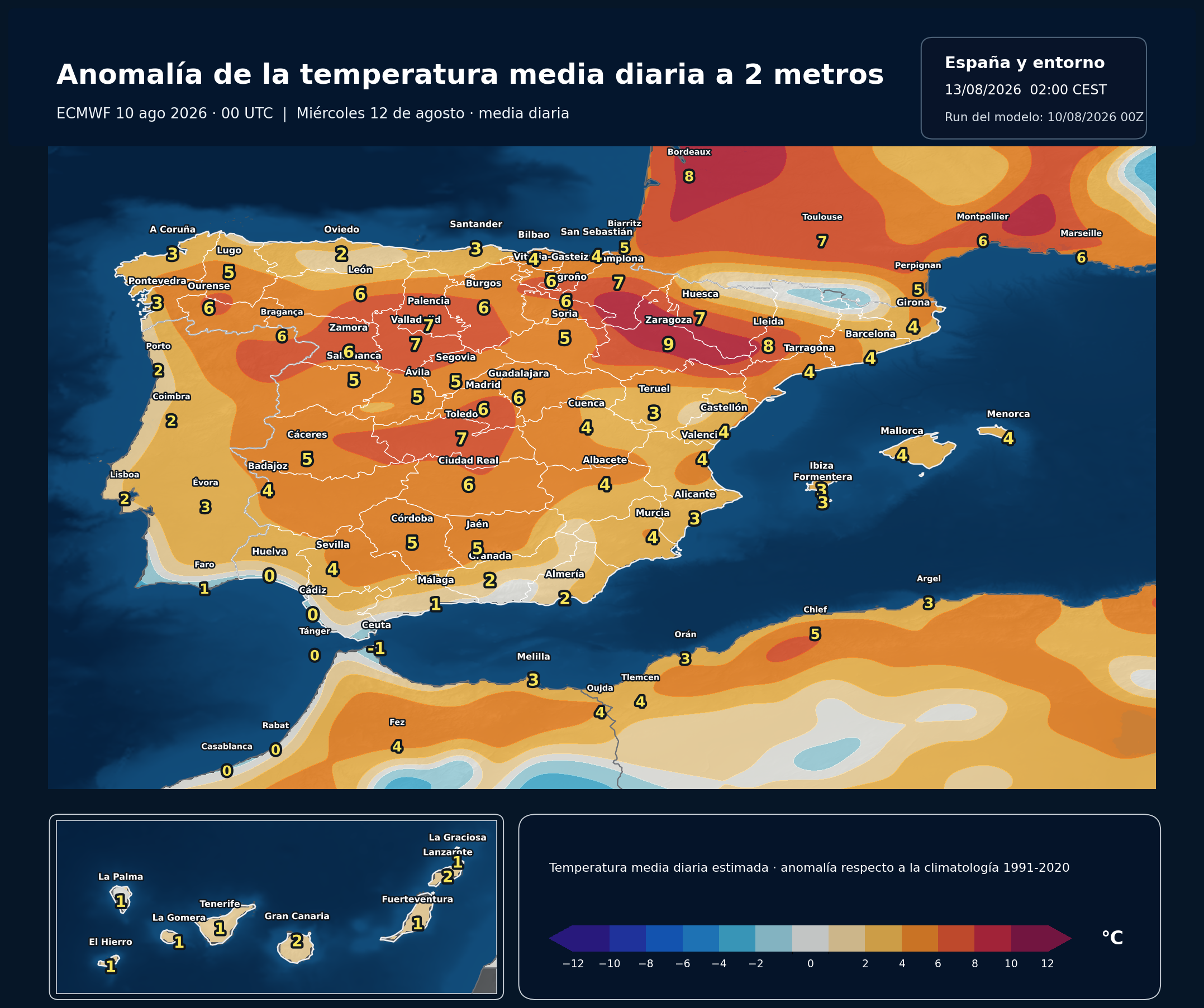 Anomal&iacute;as t&eacute;rmicas previstas en Espa&ntilde;a para el mi&eacute;rcoles 12 de agosto seg&uacute;n el modelo europeo