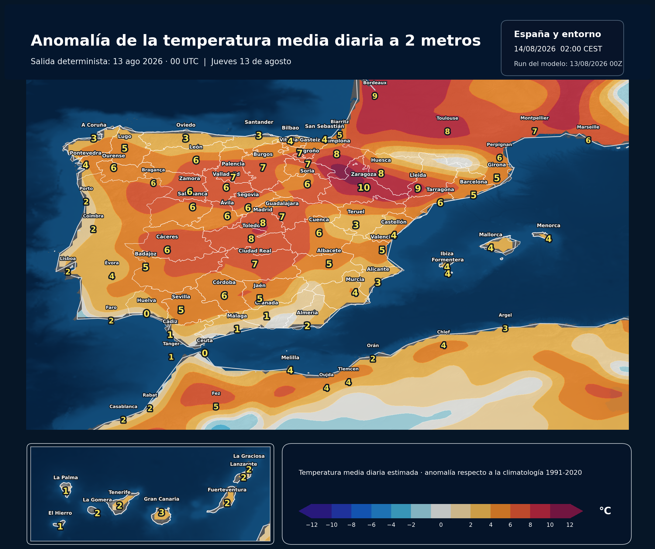 Anomalía térmica prevista en España para el jueves 13 de agosto
