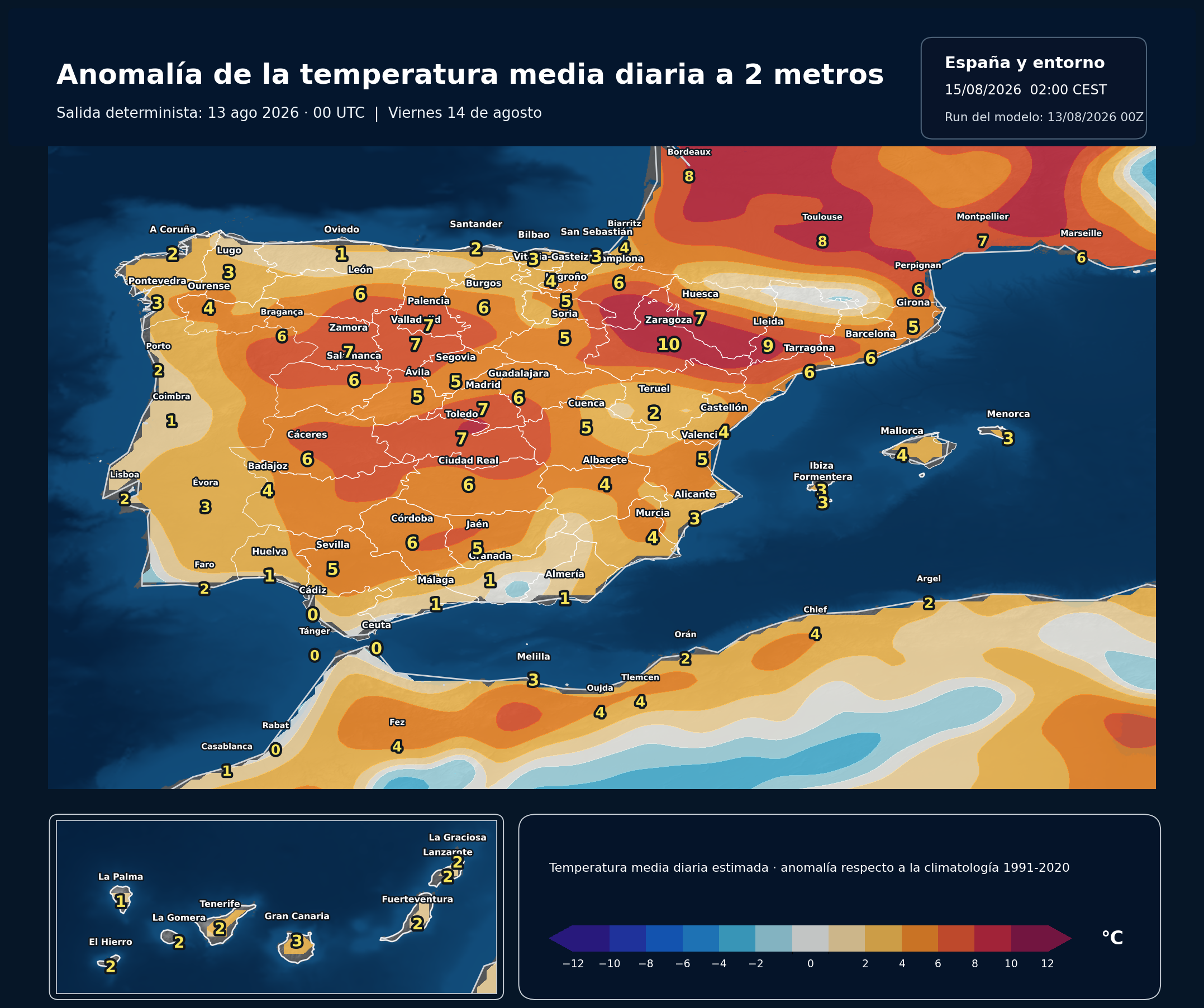 Anomalía térmica prevista en España para el viernes 14 de agosto