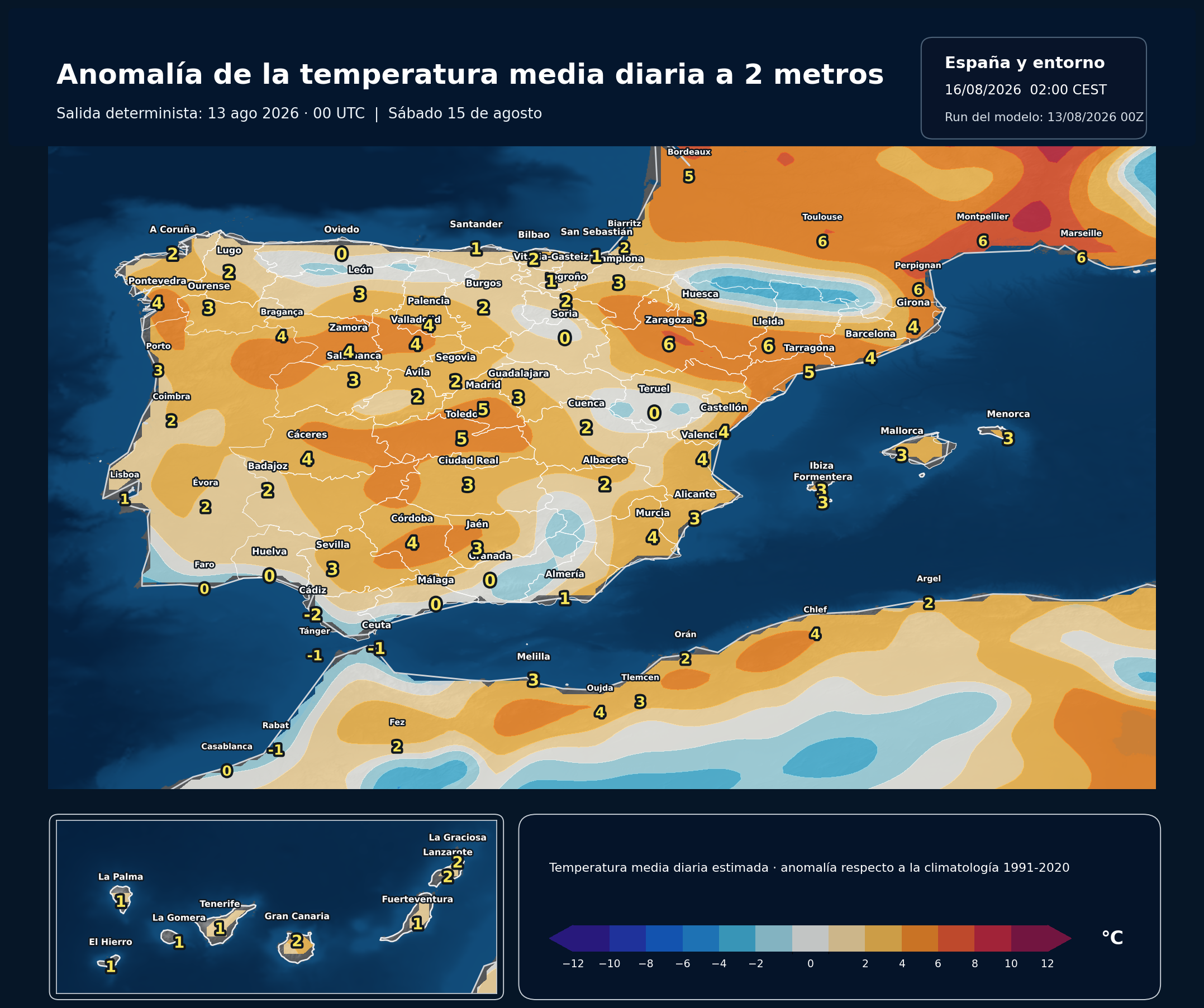 Anomalía térmica prevista en España para el sábado 15 de agosto