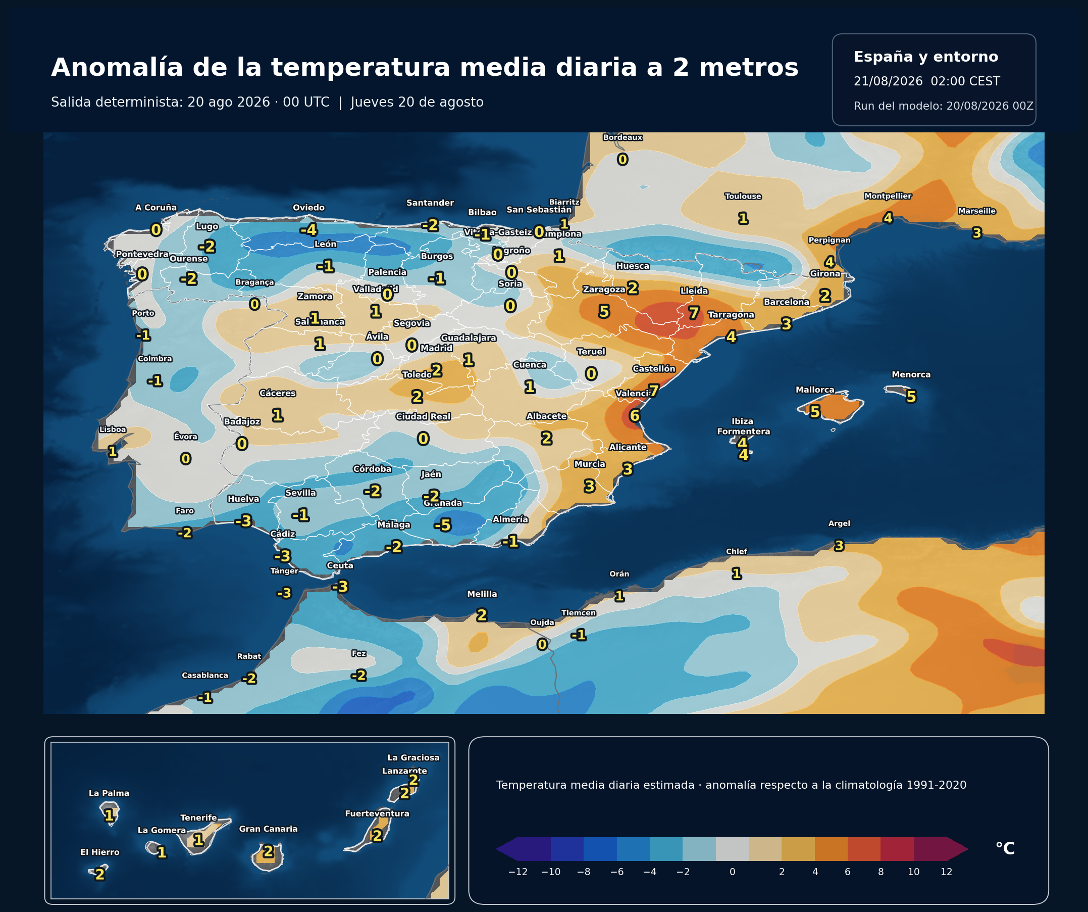 Anomal&iacute;a de la temperatura media diaria en Espa&ntilde;a para el jueves 20 de agosto de 2026 respecto a 1991-2020