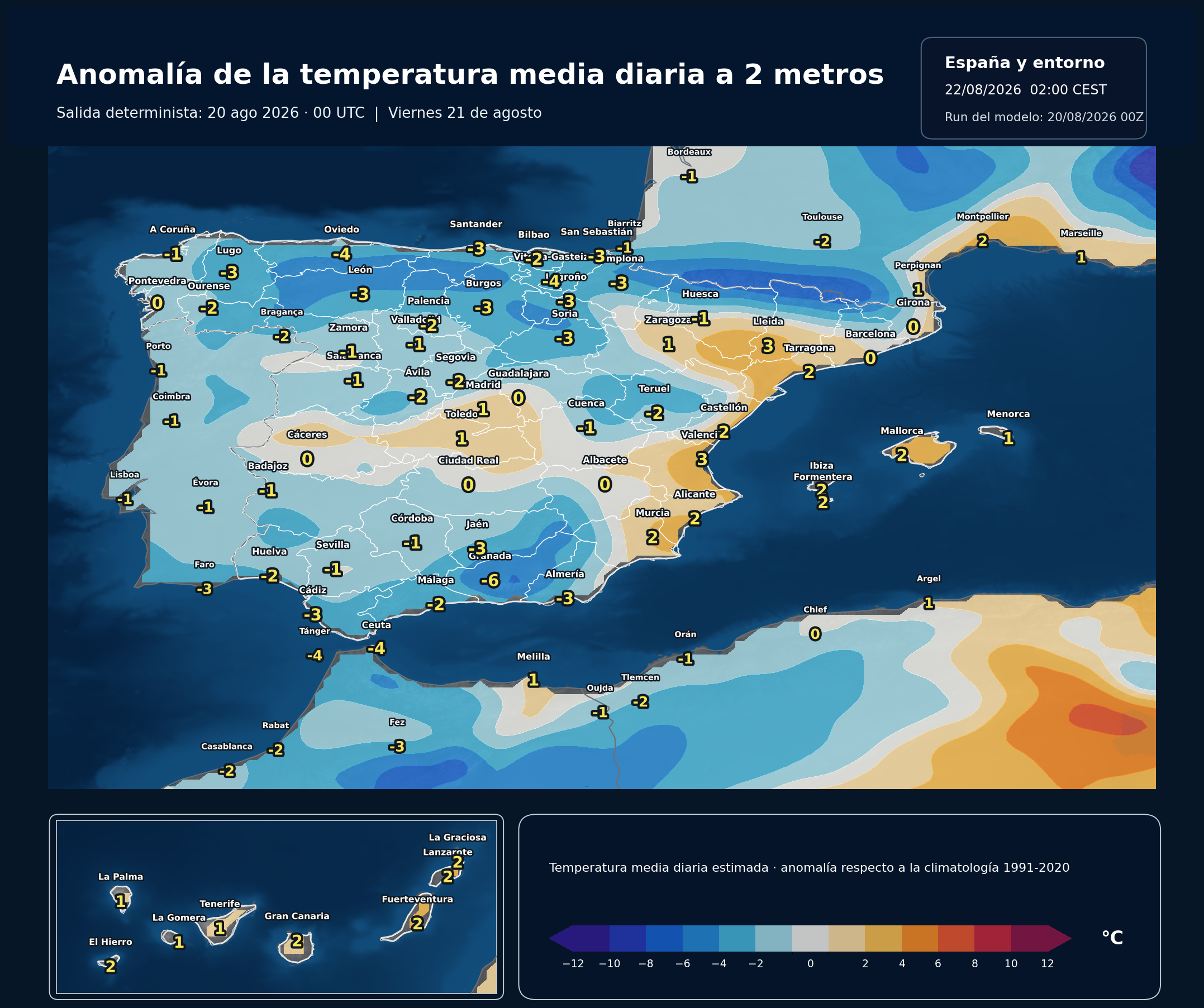 Anomal&iacute;a de la temperatura media diaria en Espa&ntilde;a para el viernes 21 de agosto de 2026 respecto a 1991-2020