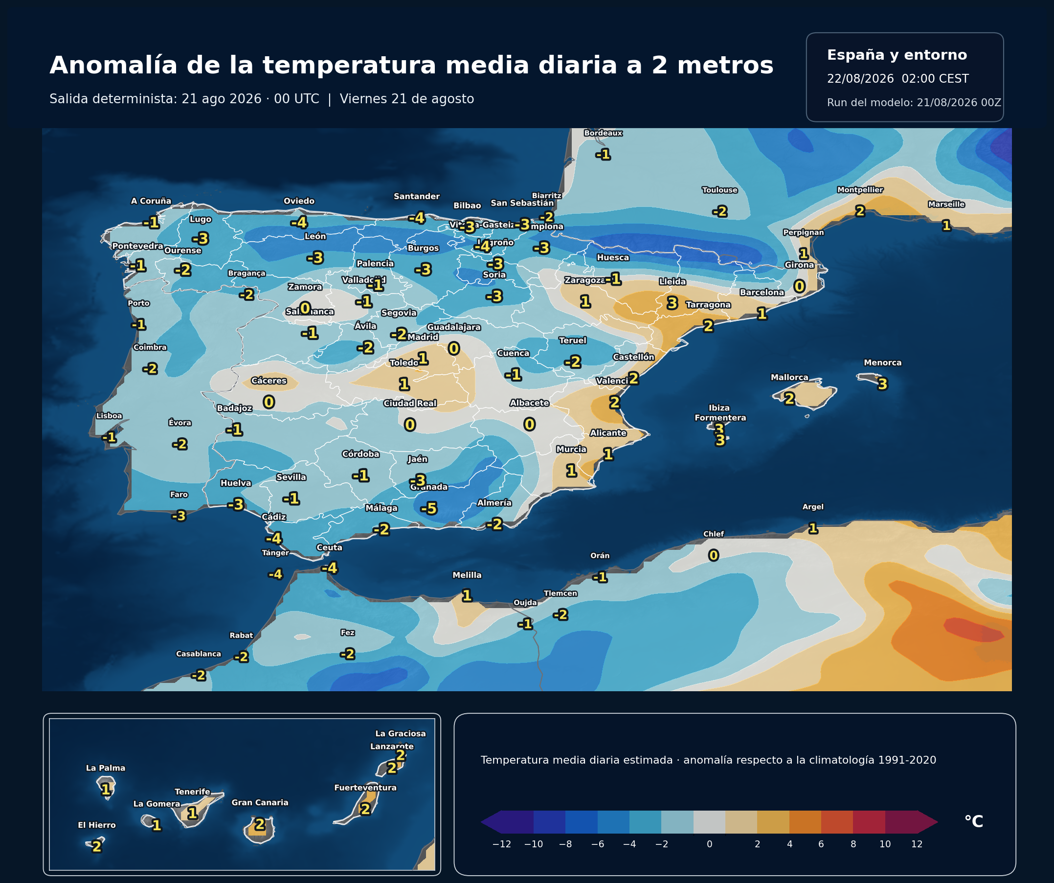 Anomalía de la temperatura media diaria en España para el viernes 21 de agosto de 2026 respecto a la climatología 1991-2020