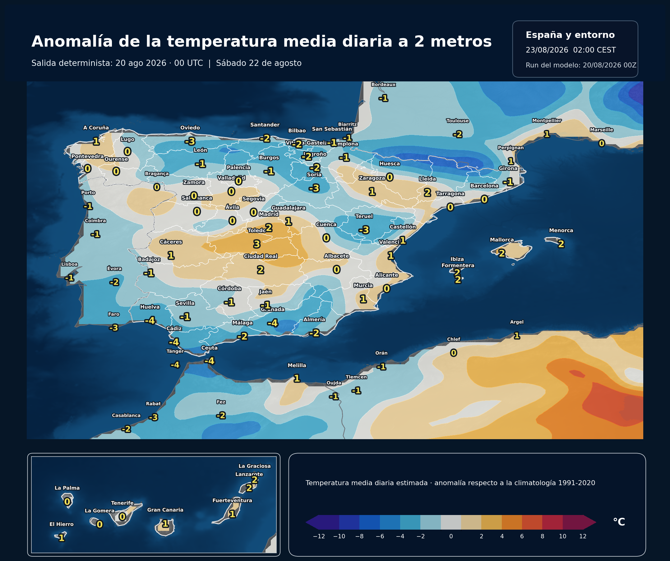 Anomal&iacute;a de la temperatura media diaria en Espa&ntilde;a para el s&aacute;bado 22 de agosto de 2026 respecto a 1991-2020