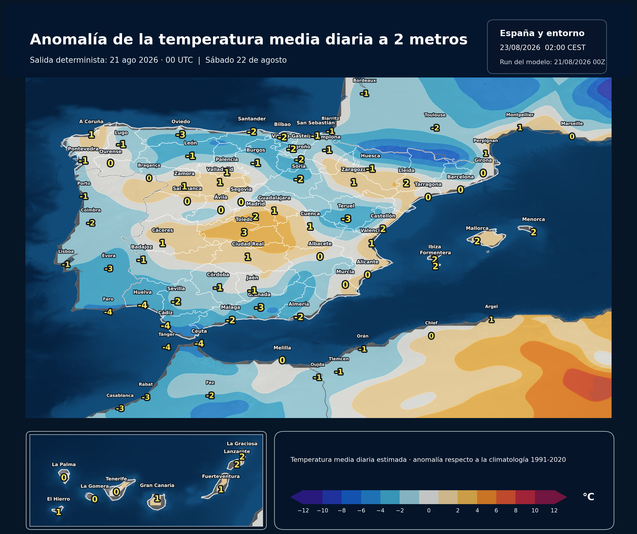 Anomalía de la temperatura media diaria en España para el sábado 22 de agosto de 2026 respecto a la climatología 1991-2020
