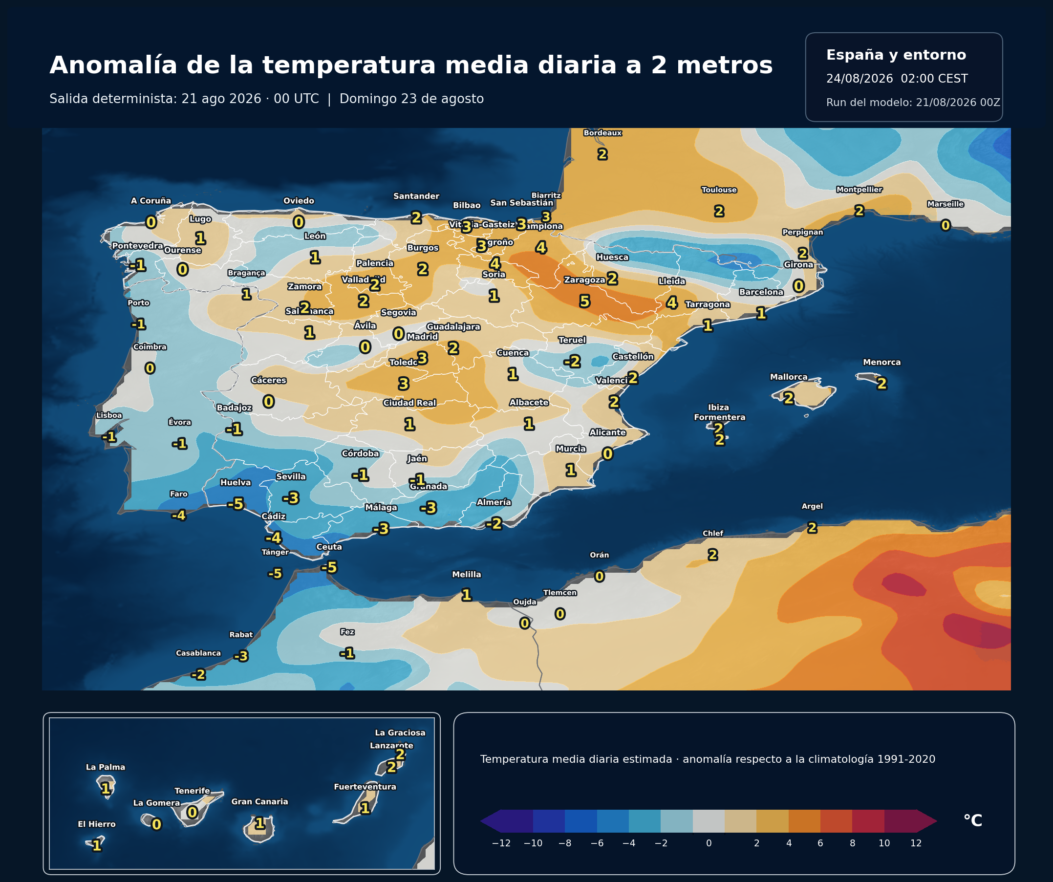 Anomalía de la temperatura media diaria en España para el domingo 23 de agosto de 2026 respecto a la climatología 1991-2020