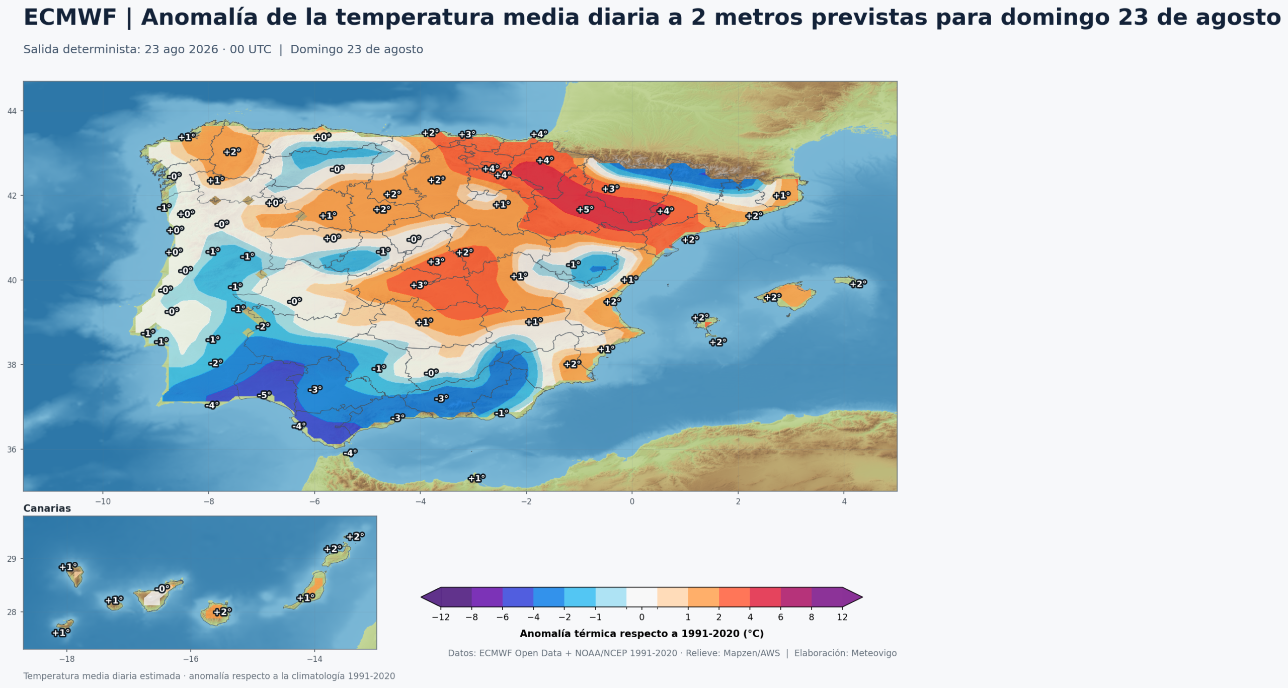 Anomal&iacute;a de la temperatura media diaria en Espa&ntilde;a para el domingo 23 de agosto de 2026 respecto a 1991-2020