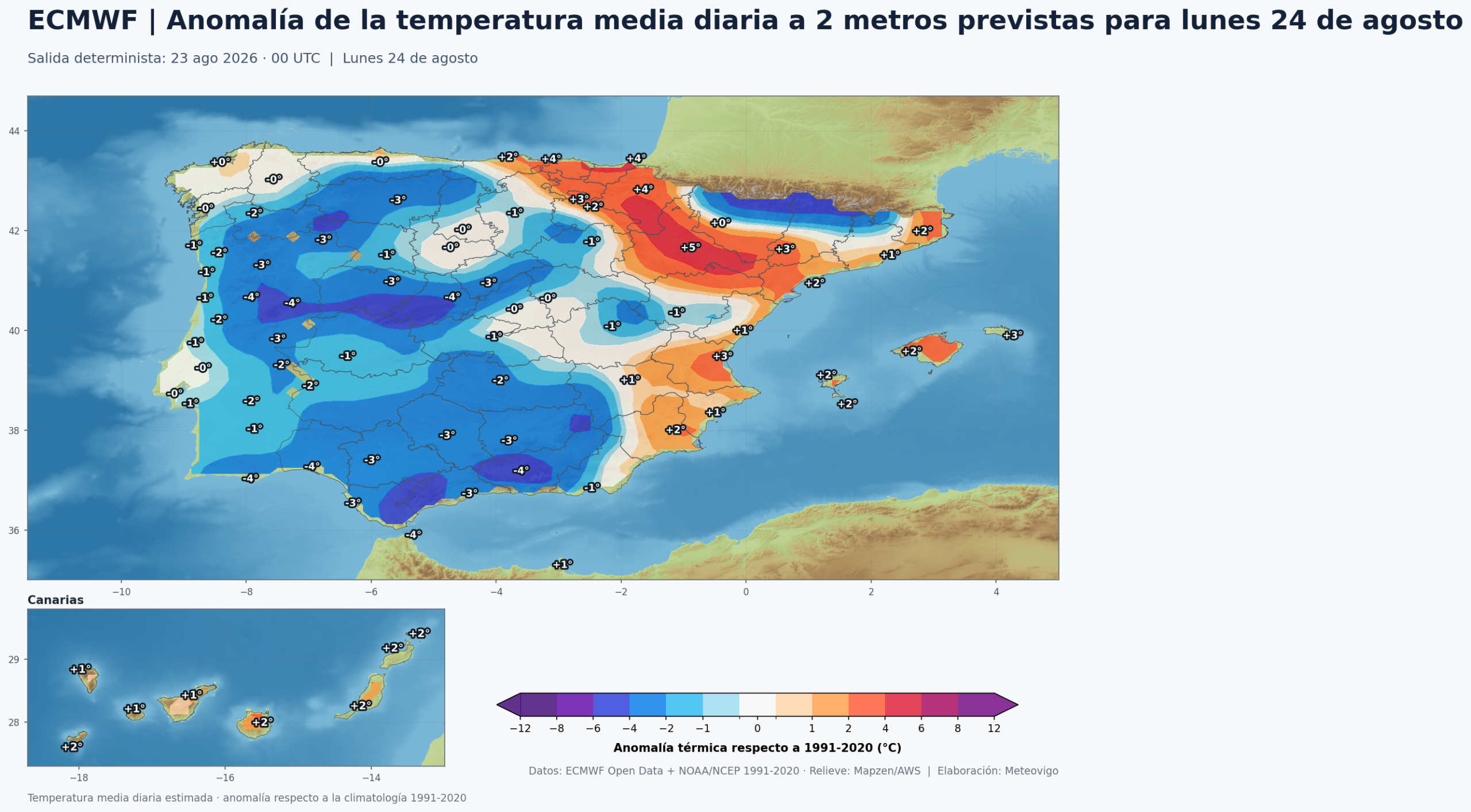 Anomal&iacute;a de la temperatura media diaria en Espa&ntilde;a para el lunes 24 de agosto de 2026 respecto a 1991-2020