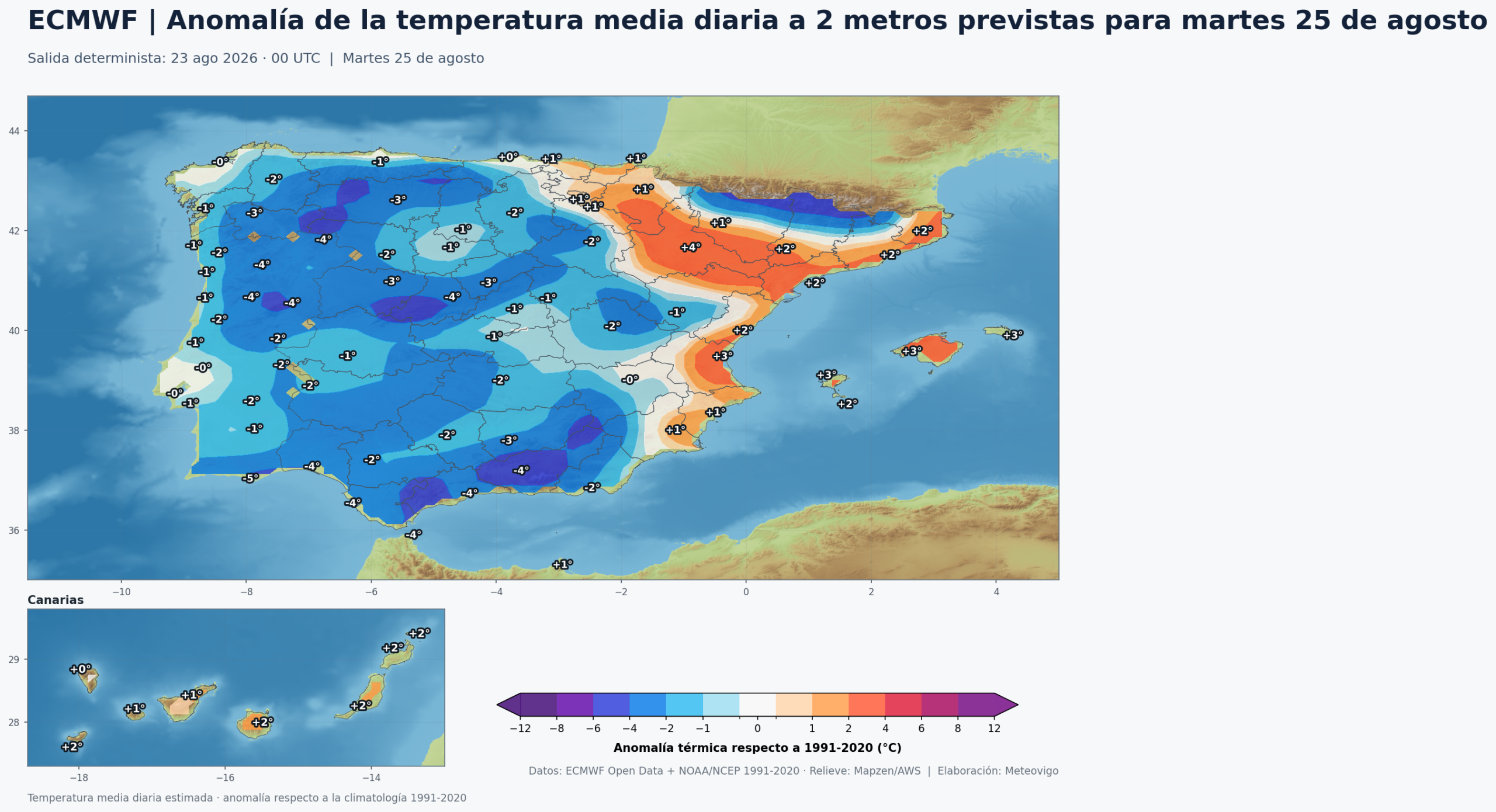 Anomal&iacute;a de la temperatura media diaria en Espa&ntilde;a para el martes 25 de agosto de 2026 respecto a 1991-2020