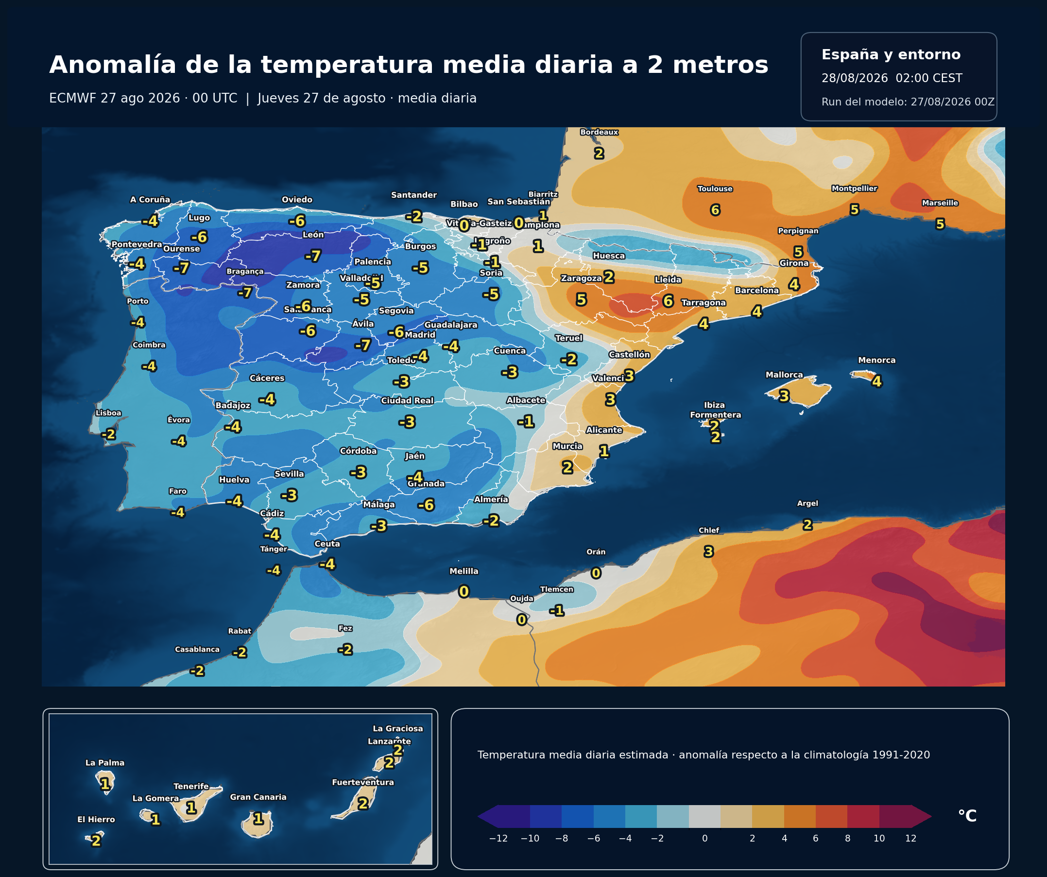 Anomalías térmicas previstas en España para el jueves 27 de agosto según el modelo europeo