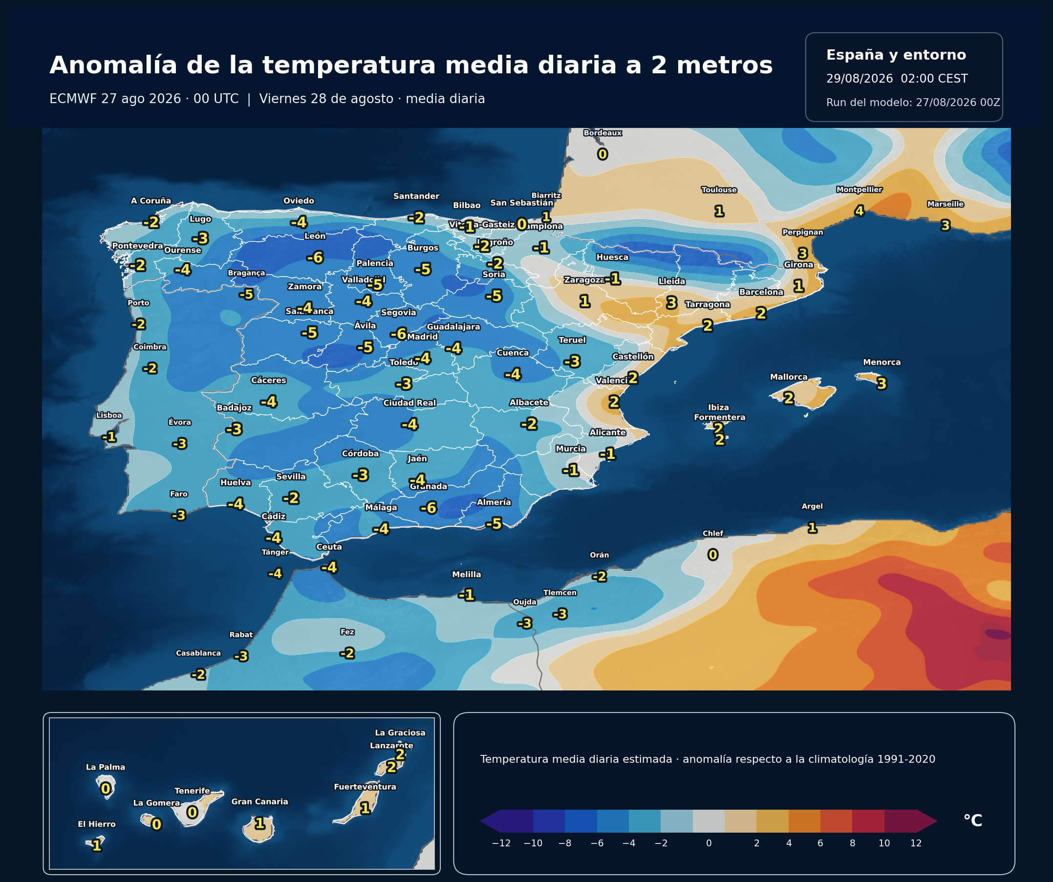 Anomalías térmicas previstas en España para el viernes 28 de agosto según el modelo europeo