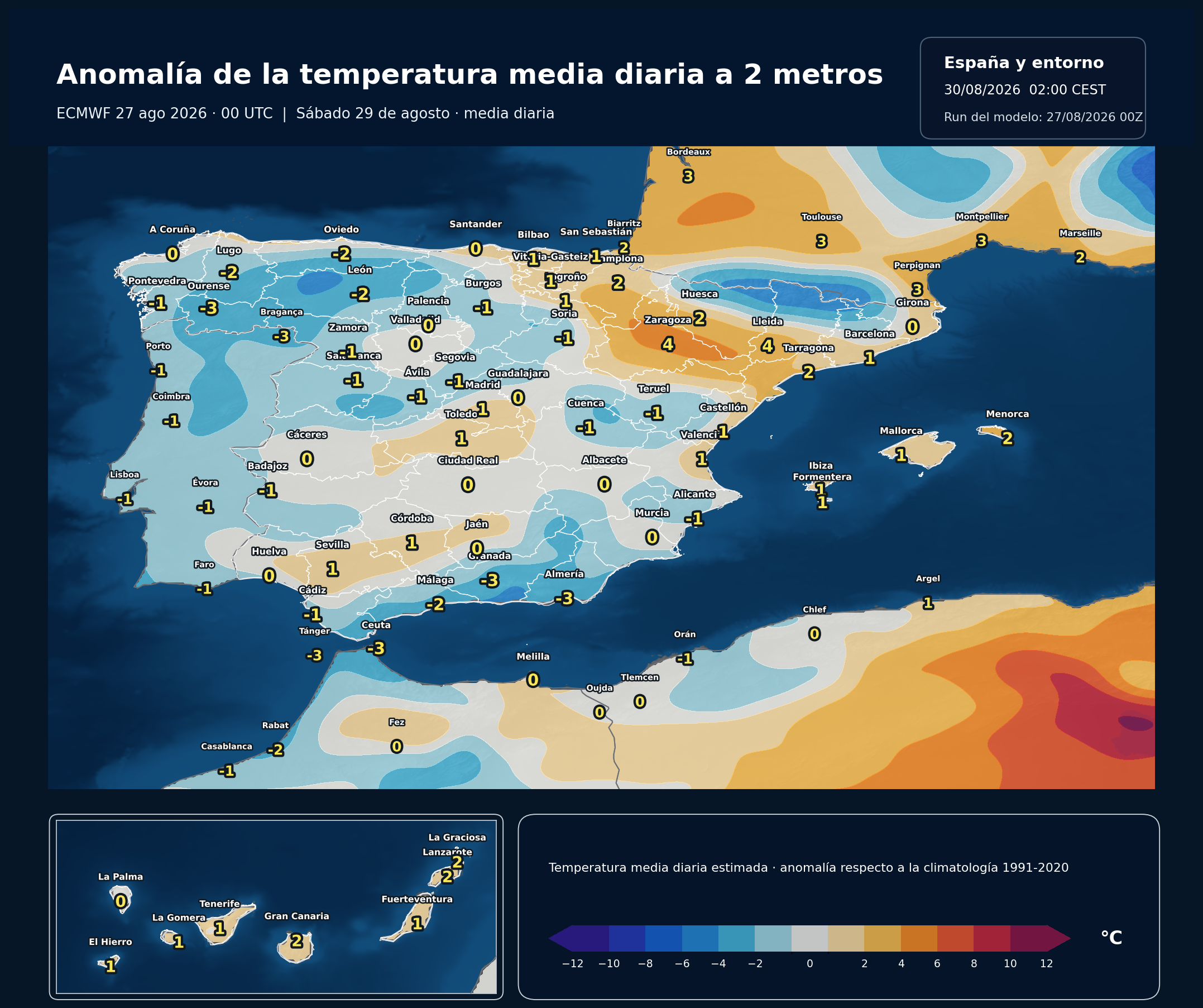 Anomalías térmicas previstas en España para el sábado 29 de agosto según el modelo europeo