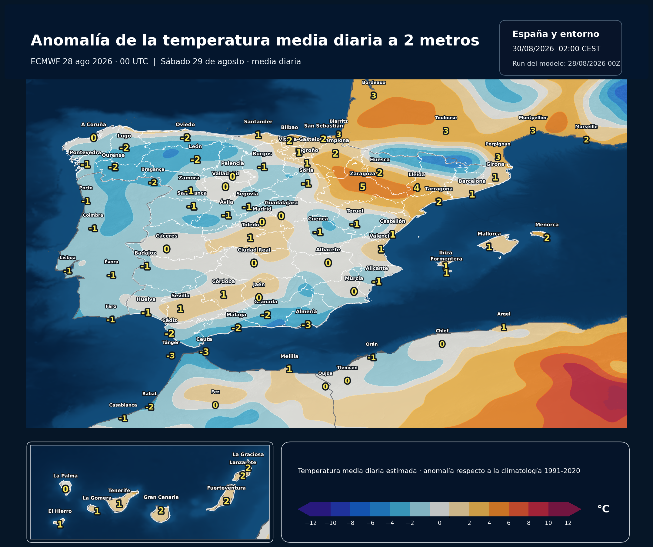 Anomalías térmicas previstas en España para el sábado 29 de agosto según el modelo europeo