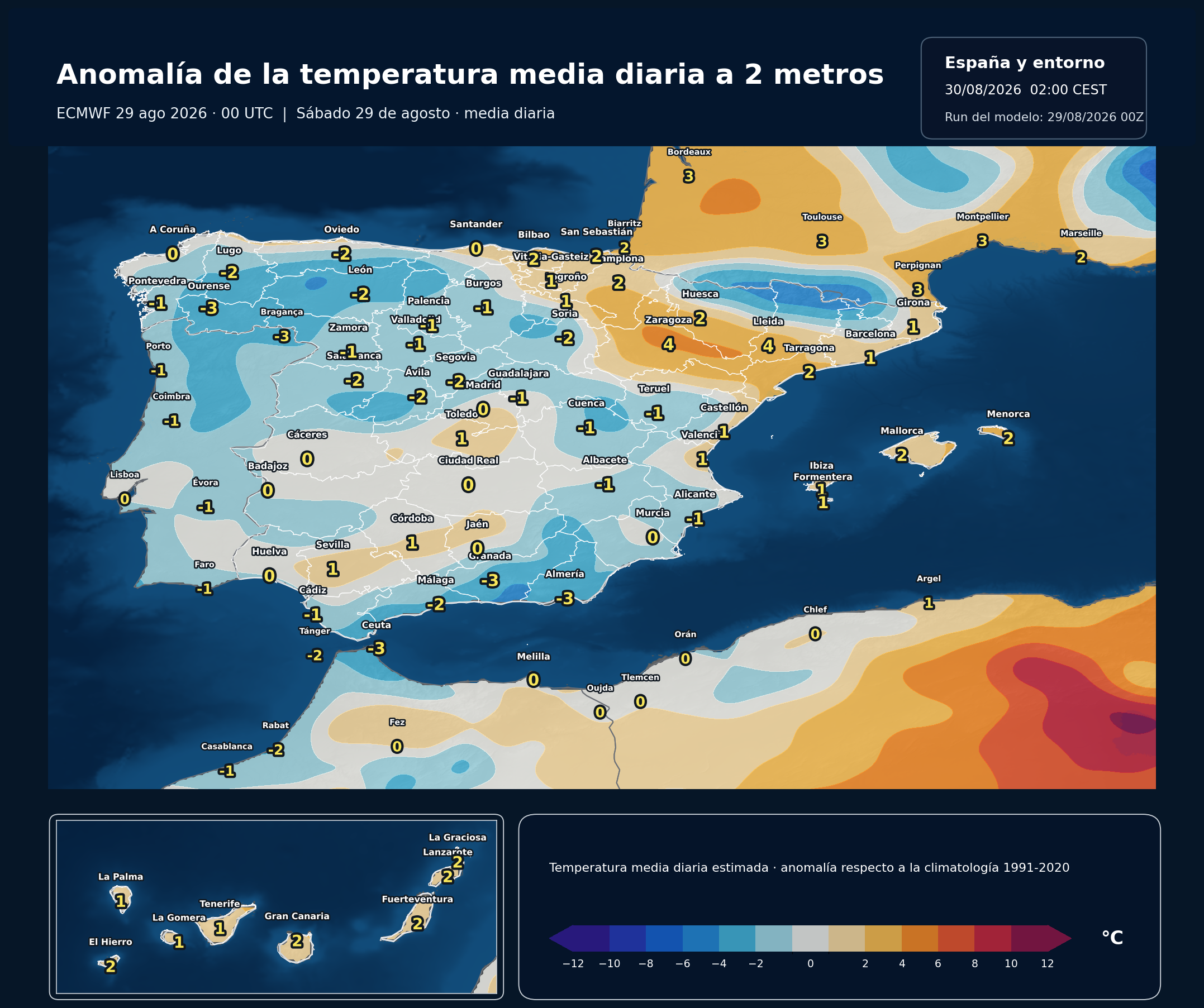 Anomalías térmicas previstas en España para el sábado 29 de agosto según el modelo europeo