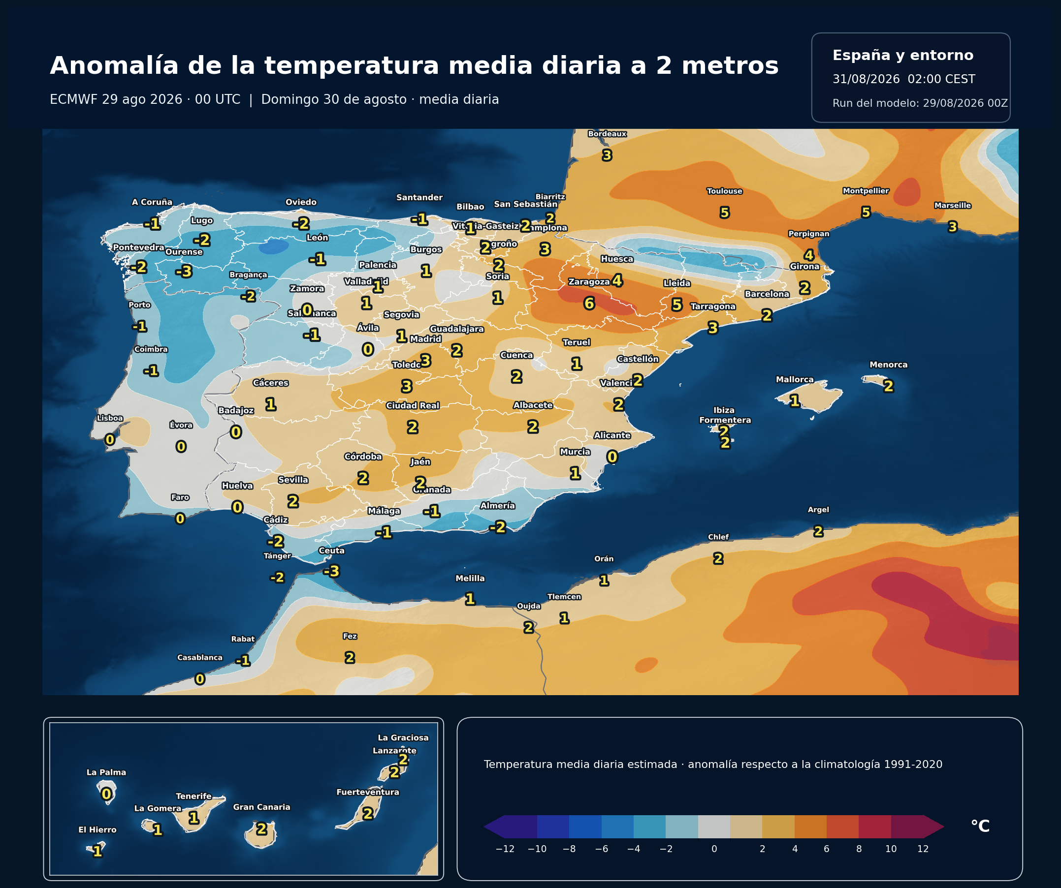 Anomalías térmicas previstas en España para el domingo 30 de agosto según el modelo europeo