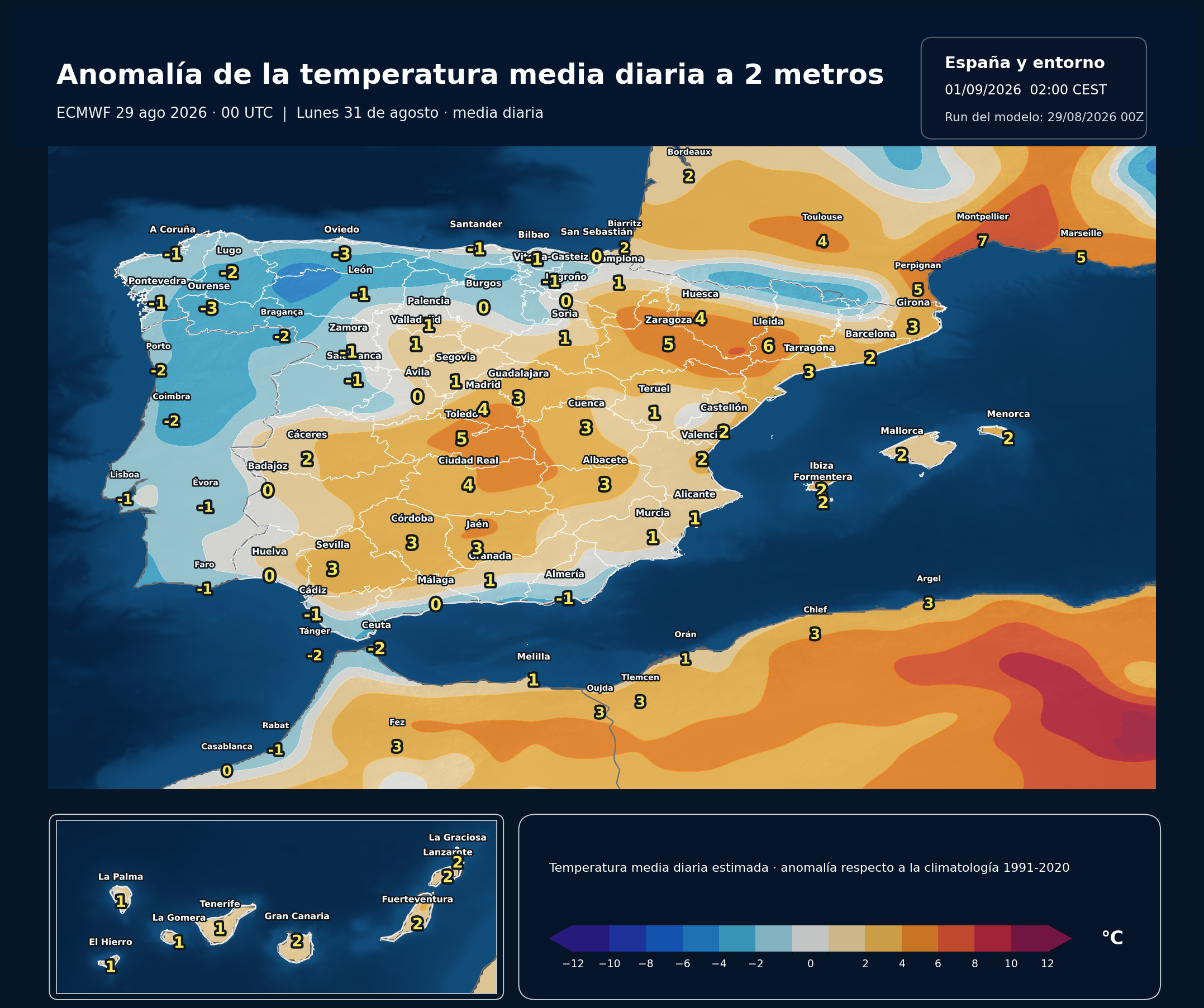 Anomalías térmicas previstas en España para el lunes 31 de agosto según el modelo europeo
