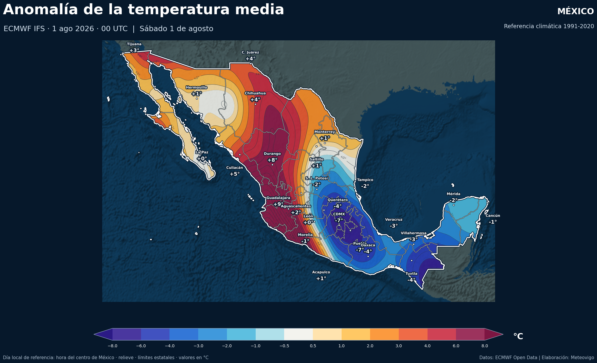 Anomal&iacute;as de la temperatura media respecto a 1991-2020 en M&eacute;xico para el s&aacute;bado 1 de agosto de 2026