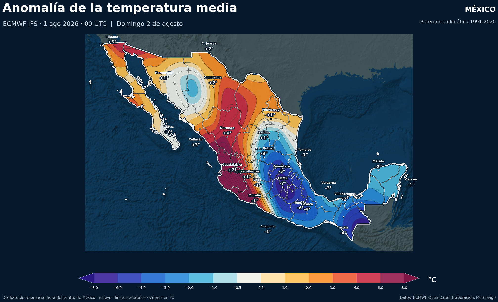 Anomal&iacute;as de la temperatura media respecto a 1991-2020 en M&eacute;xico para el domingo 2 de agosto de 2026